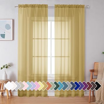 Simplebrand Gold Sheer Curtains 84 Inches Long 2 Panels, Light Filtering Rod Pocket Solid Color Window Sheer Curtain Panels, Elegant Curtains & Drapes for Living Room, Bedroom Gold, 42" W x 84" L
