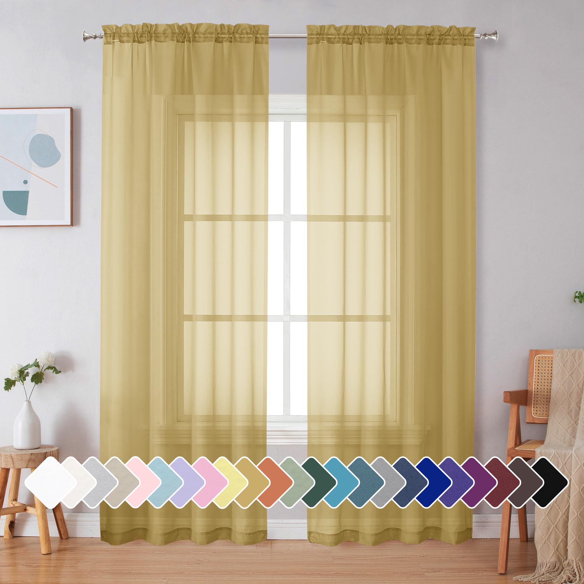 Simplebrand Gold Sheer Curtains 84 Inches Long 2 Panels for Living Room
