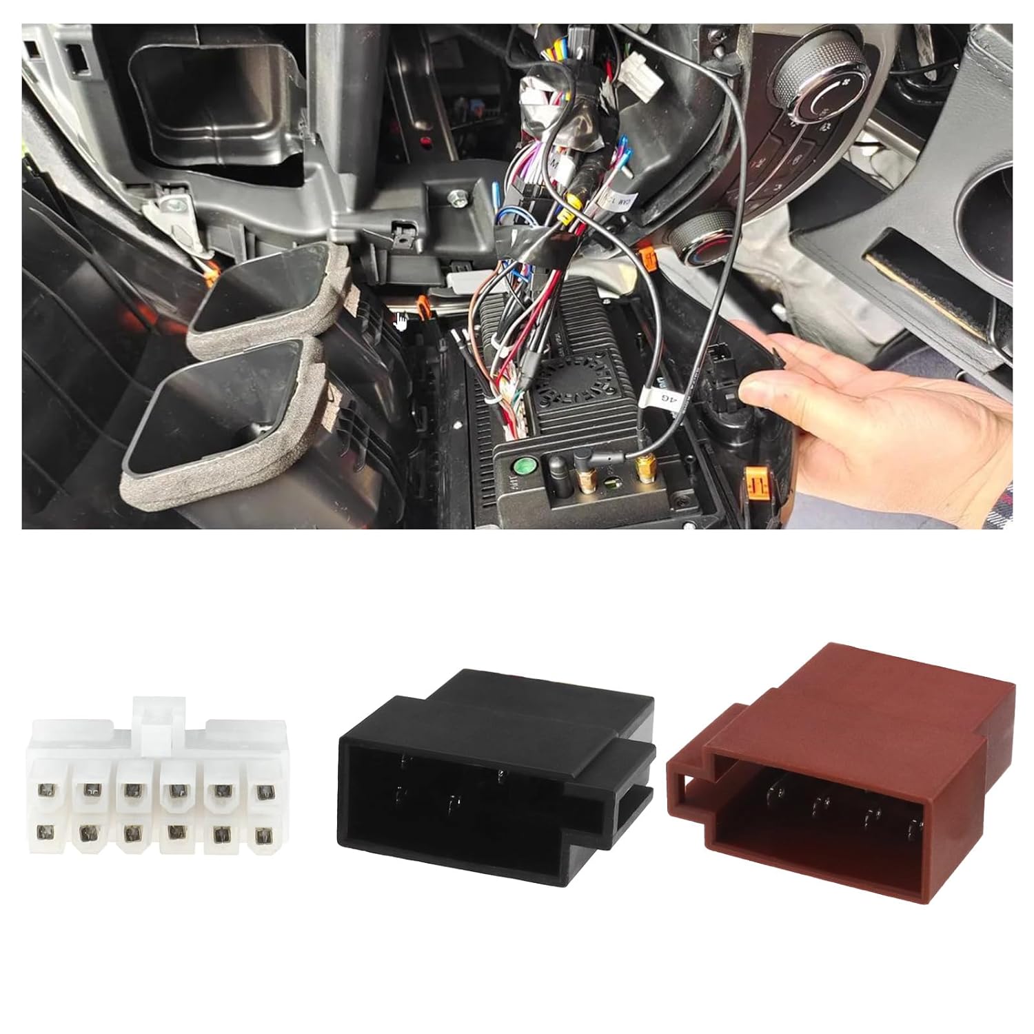 The 12 Pin ISO Radio Connector Wiring Harness with its distinct white, black, and brown connectors.