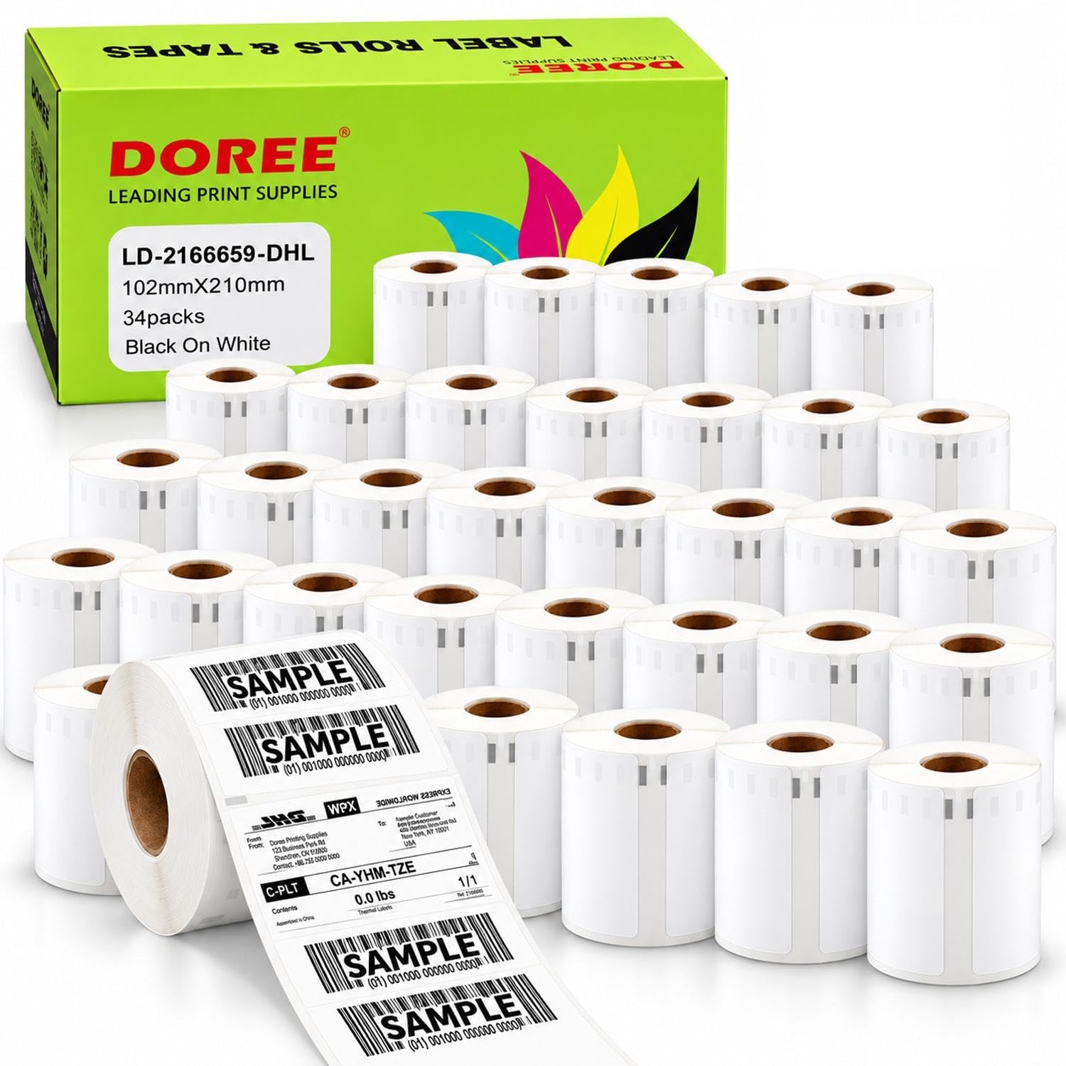 DOREE Confezione da 34 rotoli di etichette di spedizione DHL 2166659, 102 × 210 mm, nero su bianco.