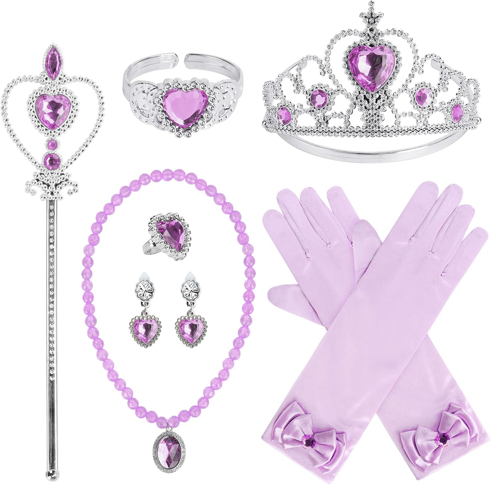 Princess Dress Up Party Accessories for Princess Costume Gloves Tiara Wand Necklace Earrings Bracelet and Ring Gift Set 9pcs (Purple, Set of 7, 9pcs)
