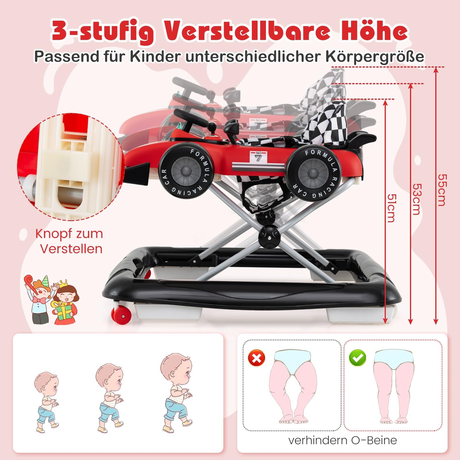 FANTASK 4 in 1 Lauflernhilfe, Lauflernwagen klappbar mit einstellbarer Höhe, mit Lenkrad & Spieluhr, Laufwagen mit Rädern für Baby von 6–18 Monaten