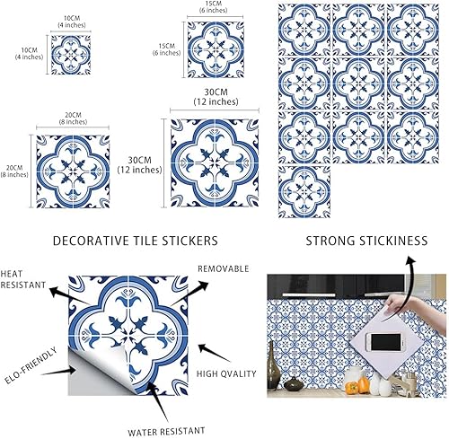 Miniatura 2 de Juego de 12 pegatinas decorativas para azulejos de 5.9 x 5.9in, autoadhesivas, extraíbles, azules, baldosas, impermeables, para cocina, baño,