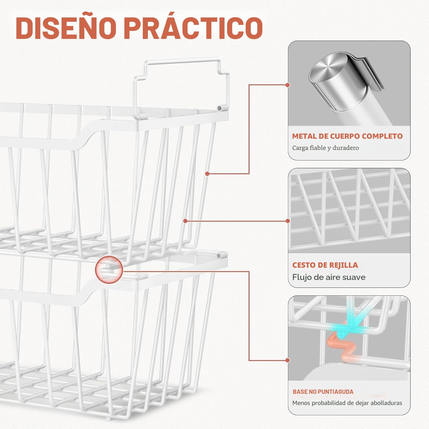 WELDUN Cestas de congelador con asa plegable, paquete de 4 organizadores apilables para congelador pequeño de 198 L, contenedores de almacenamiento de metal con uso de espacio, Blanco