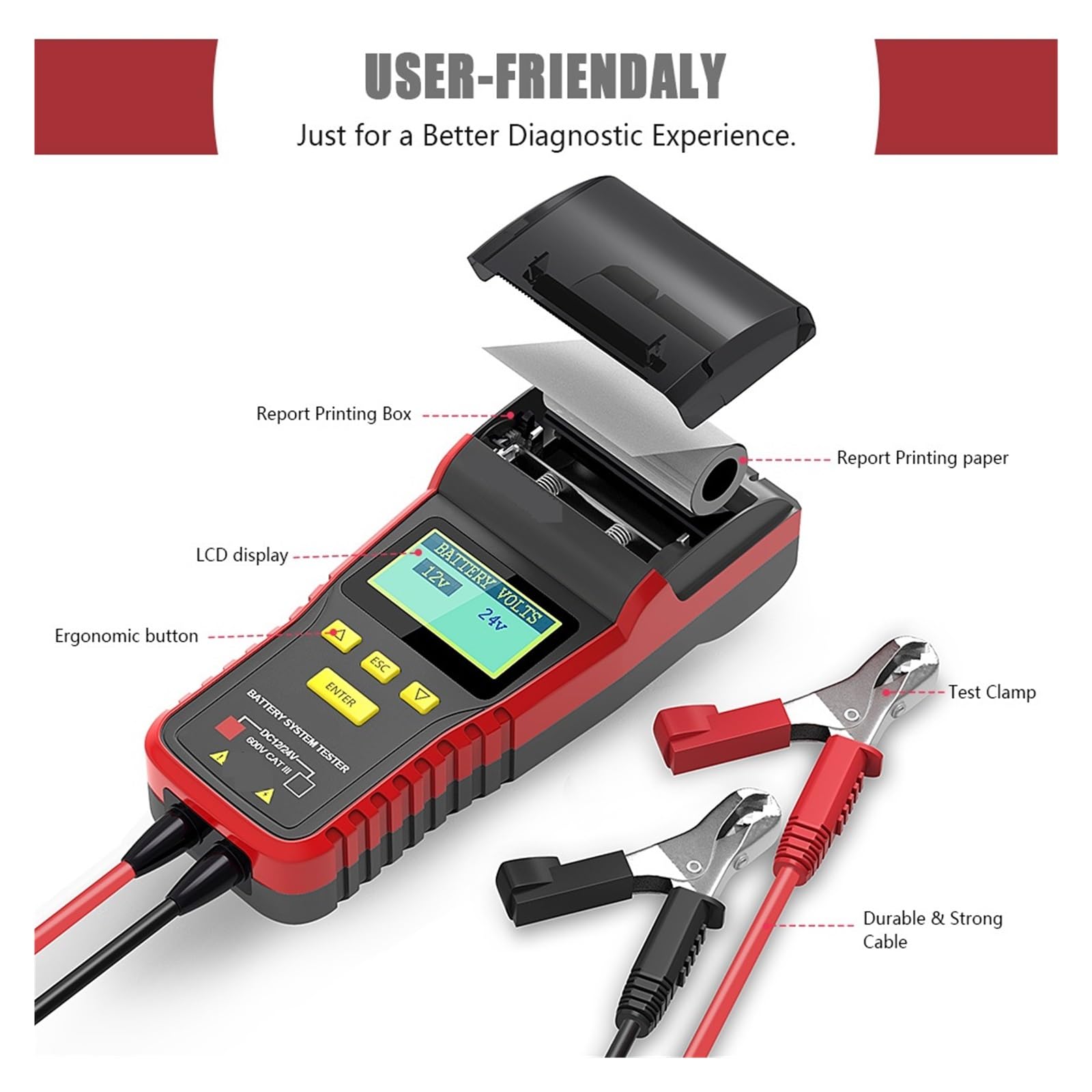 Tester For Batteria Auto Con Stampante 12V/24V 100-2000 CCA Di Carico For Digitale Avviamento E Ricarica Rilevamento Rapido Accurato