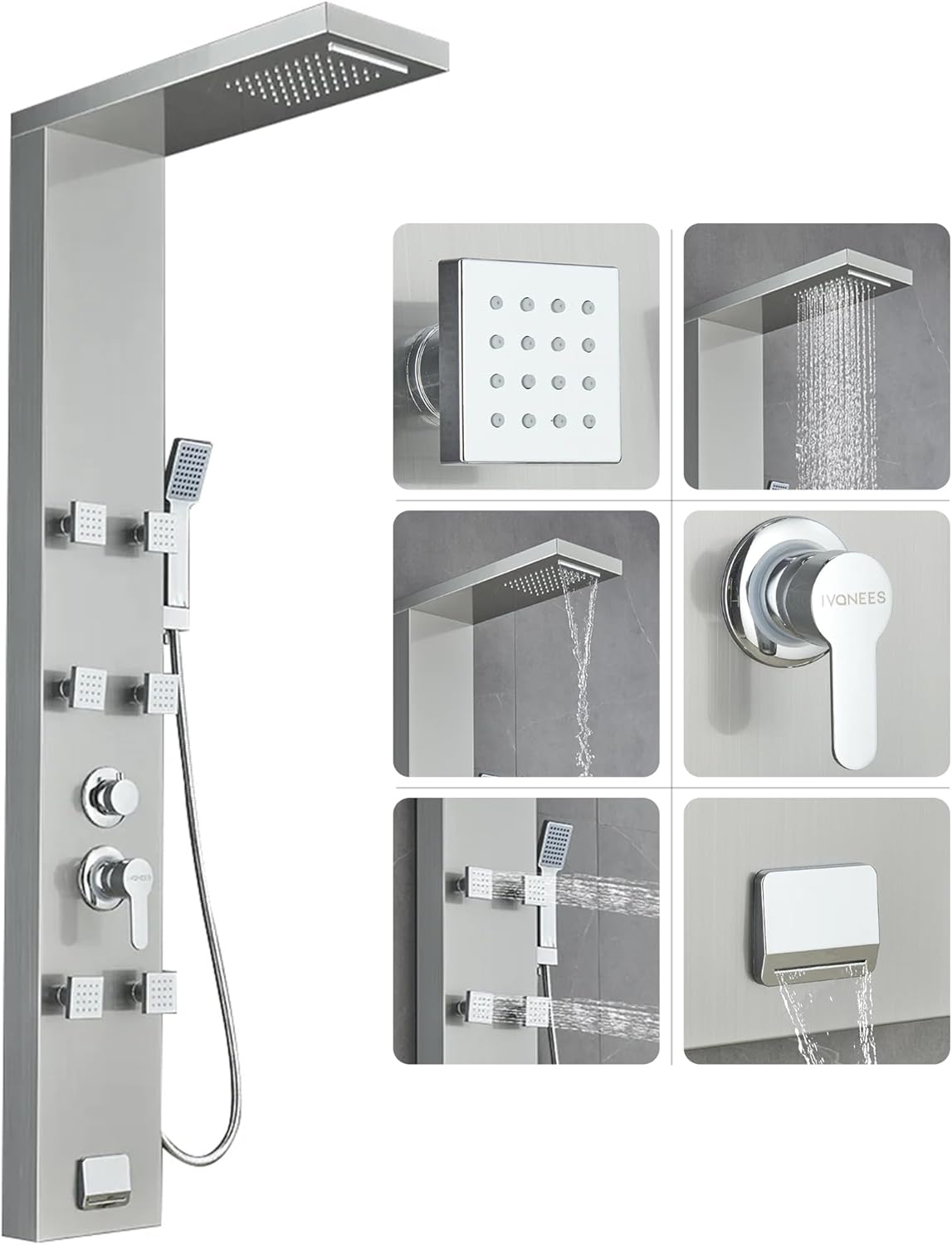 Stainless Steel Shower Panel Tower System, Rainfall Waterfall Shower Head, Tub Spout & Handheld, Jet Massage Feature
