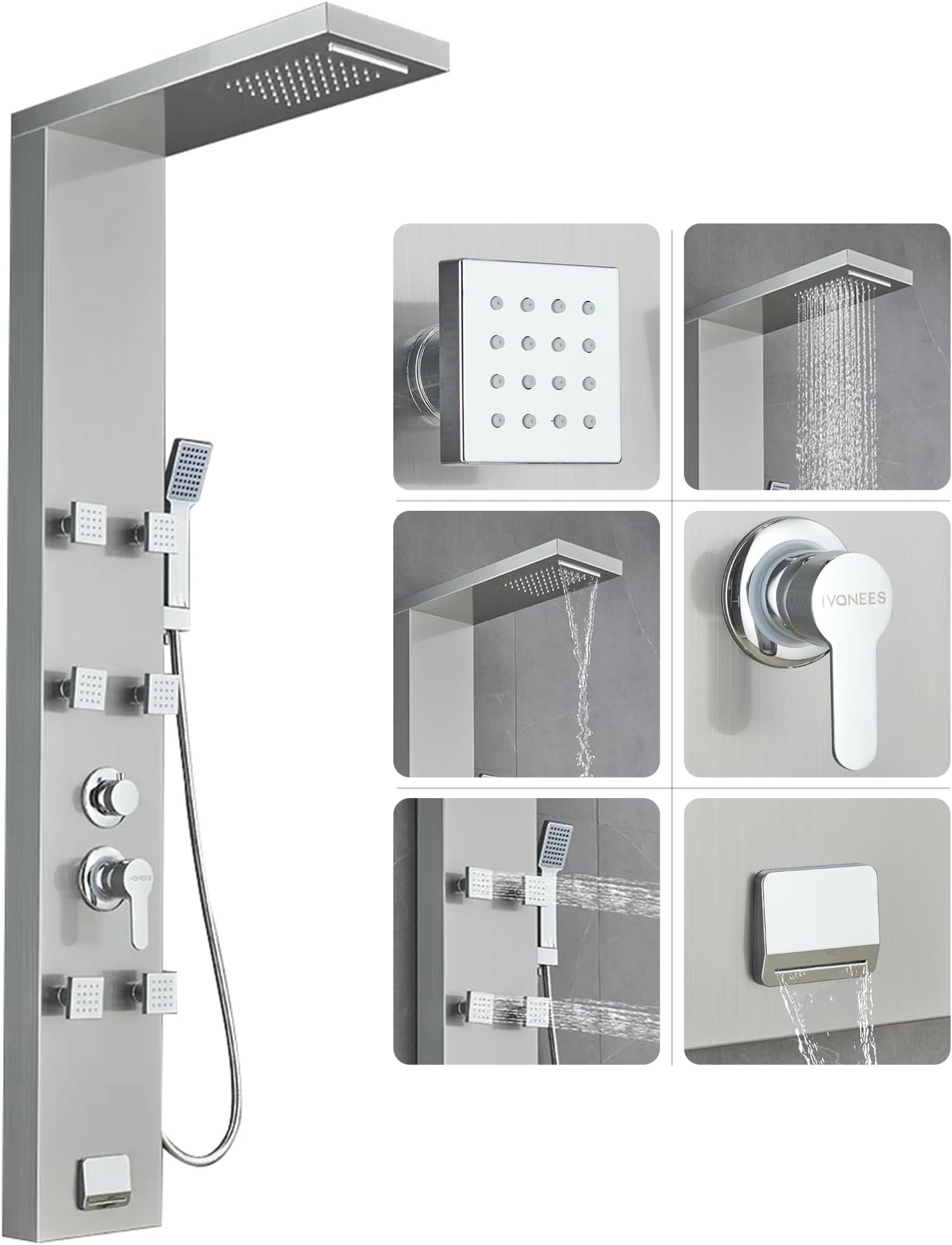 - Stainless Steel Shower Panel Tower System, Rainfall Waterfall Shower Head, Tub Spout & Handheld, Jet Massage Feature