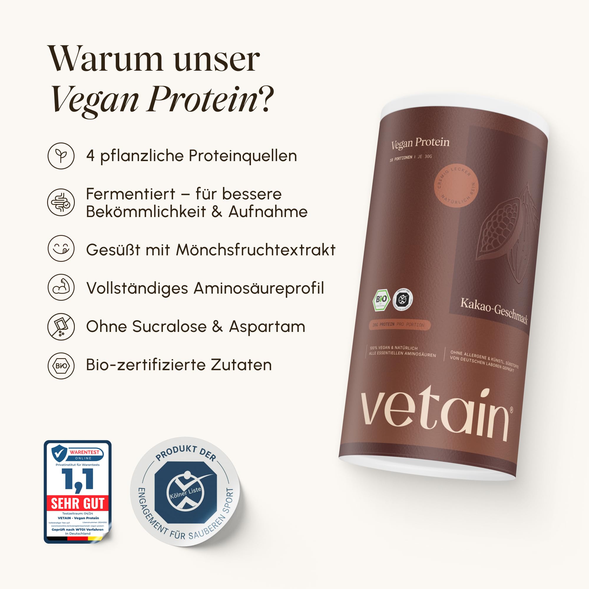VETAIN Proteinpulver Vegan Kakao - 20g Eiweiß - Ohne künstliche Süßungsmittel - Bio Protein Pulver - 4 Proteinquellen fermentiert Erbsen - Vollständiges EAA & BCAA - 540g - NEUE REZEPTUR