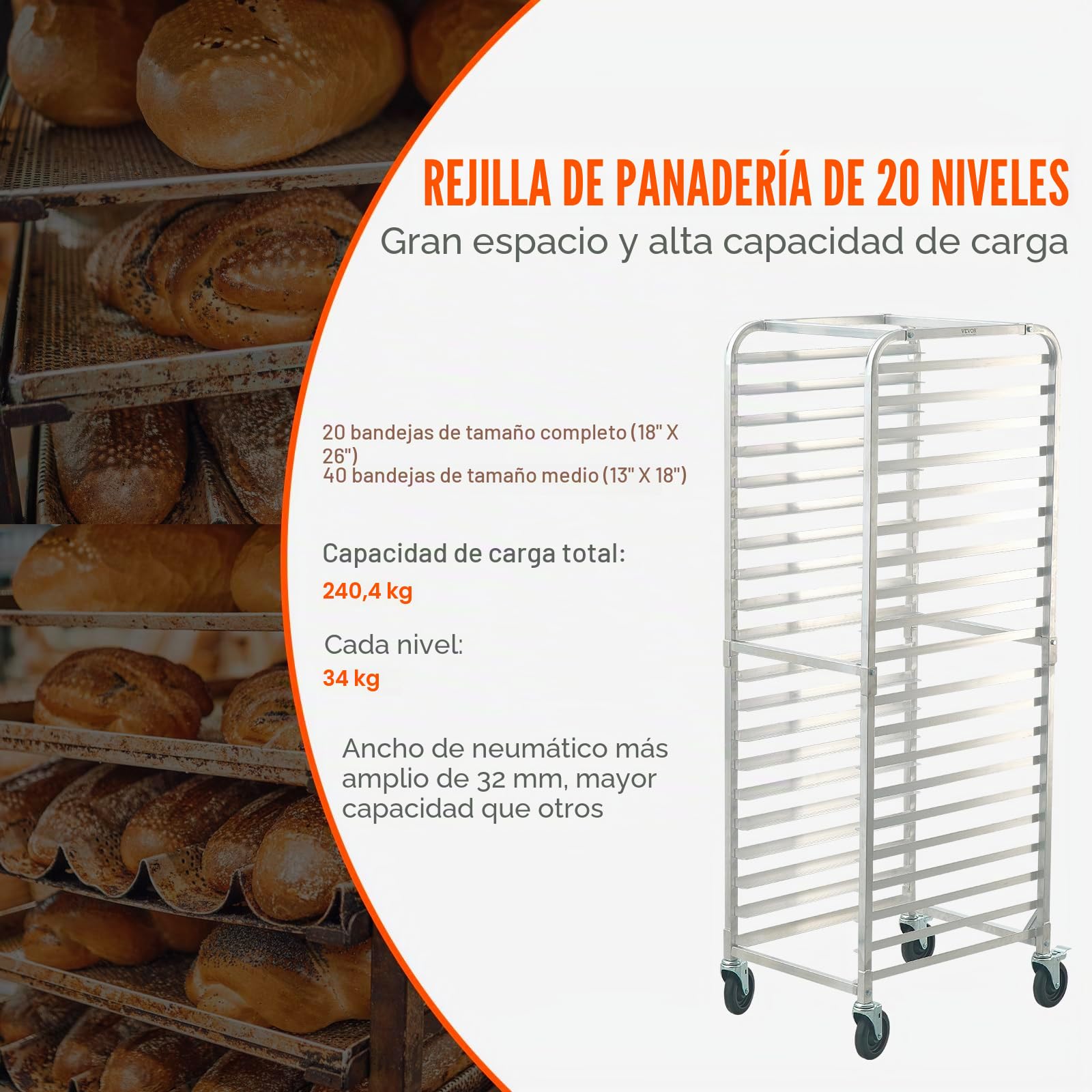 VEVOR Carro para bandejas de pan de 20 niveles, estante de panadería comercial con ruedas de freno, carro de almacenamiento de aluminio para bandejas completas de media hoja, equipo para hornear pan