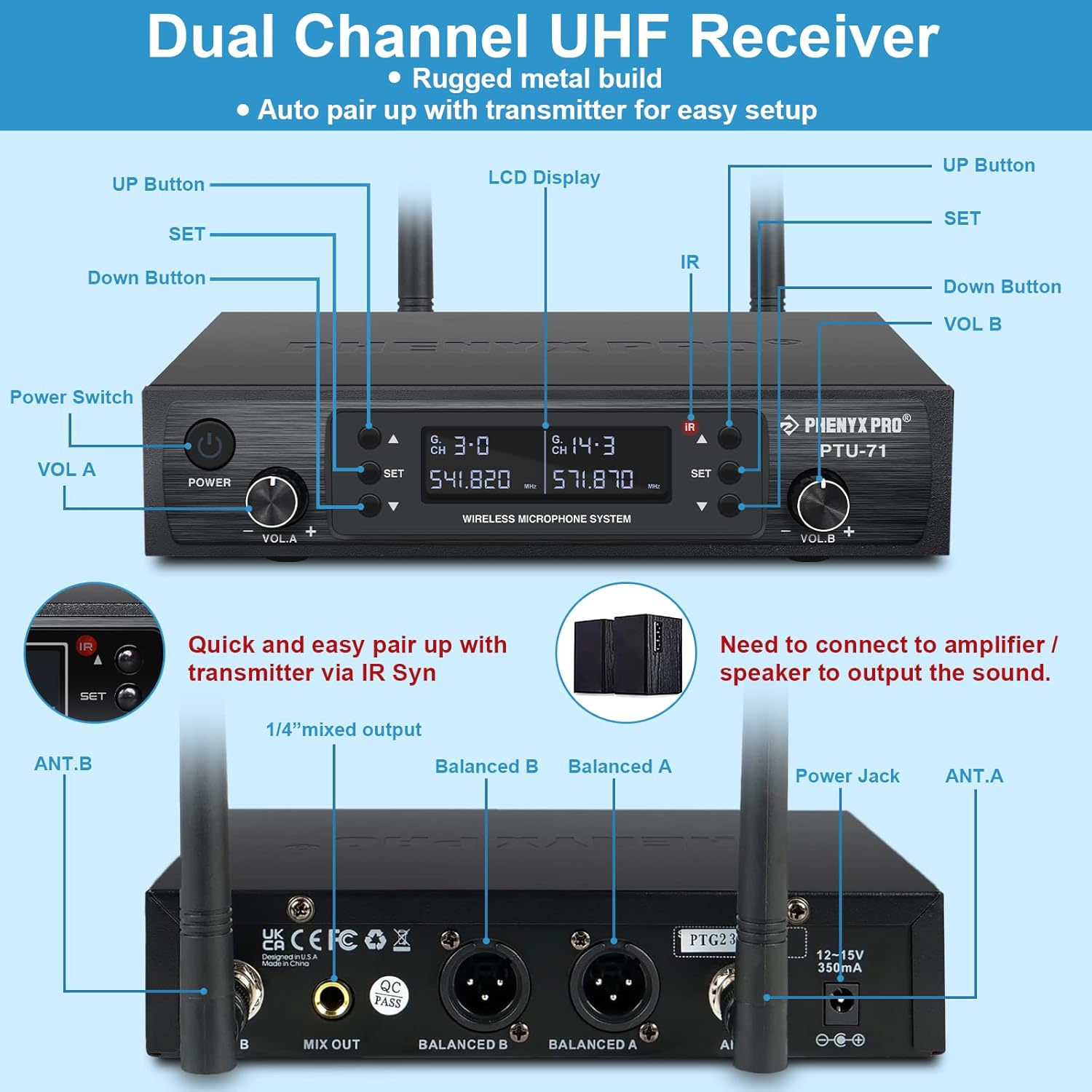 Phenyx Pro Dual Wireless Microphone System PTU-71-2H with Handheld Mic