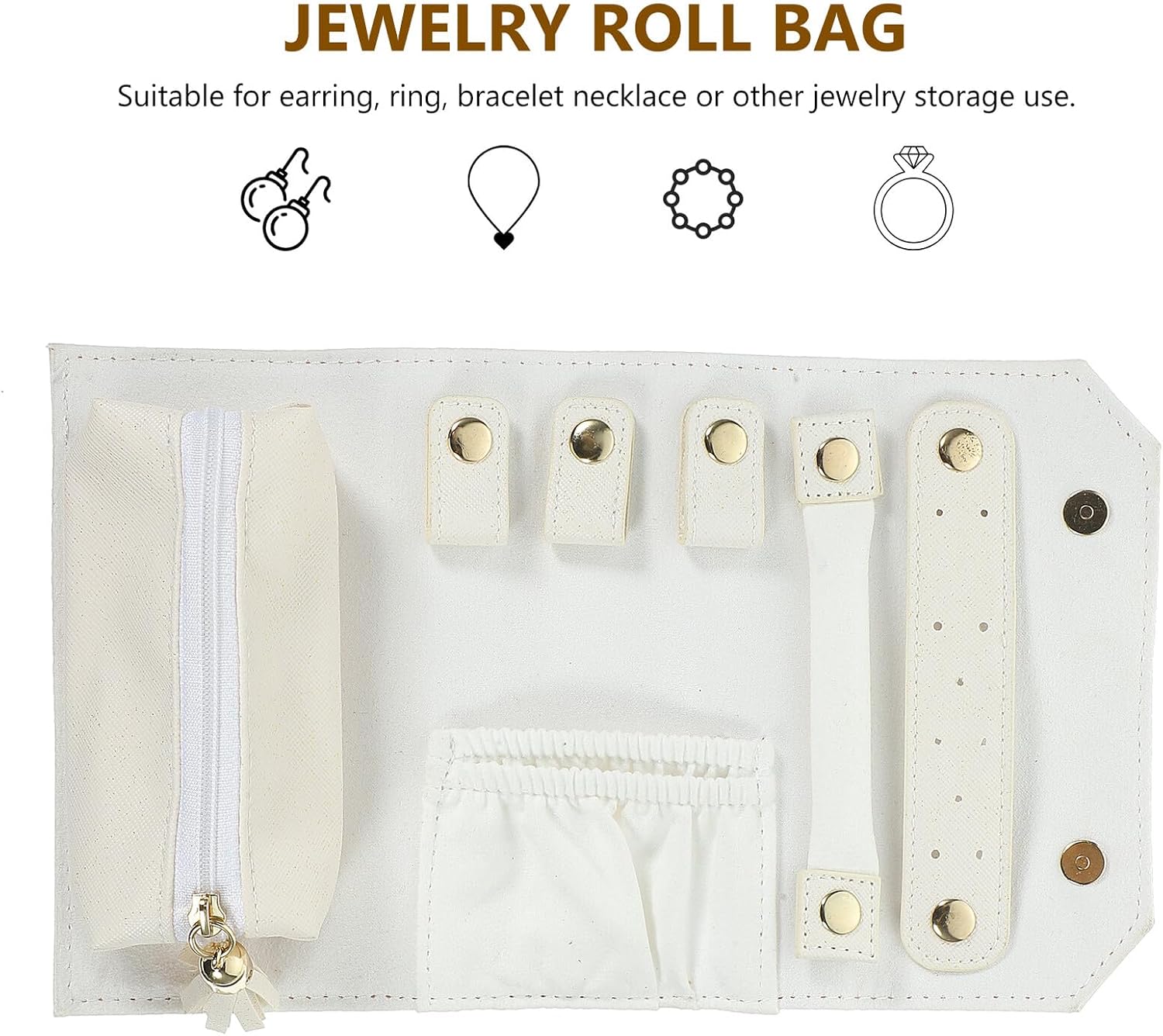 Homoyoyo Portable Foldable Jewelry Roll Bag for Travel Lightweight PU Leather Organizer with Multiple Compartments for Necklaces Earrings Rings Bracelets Shimmering White image 2
