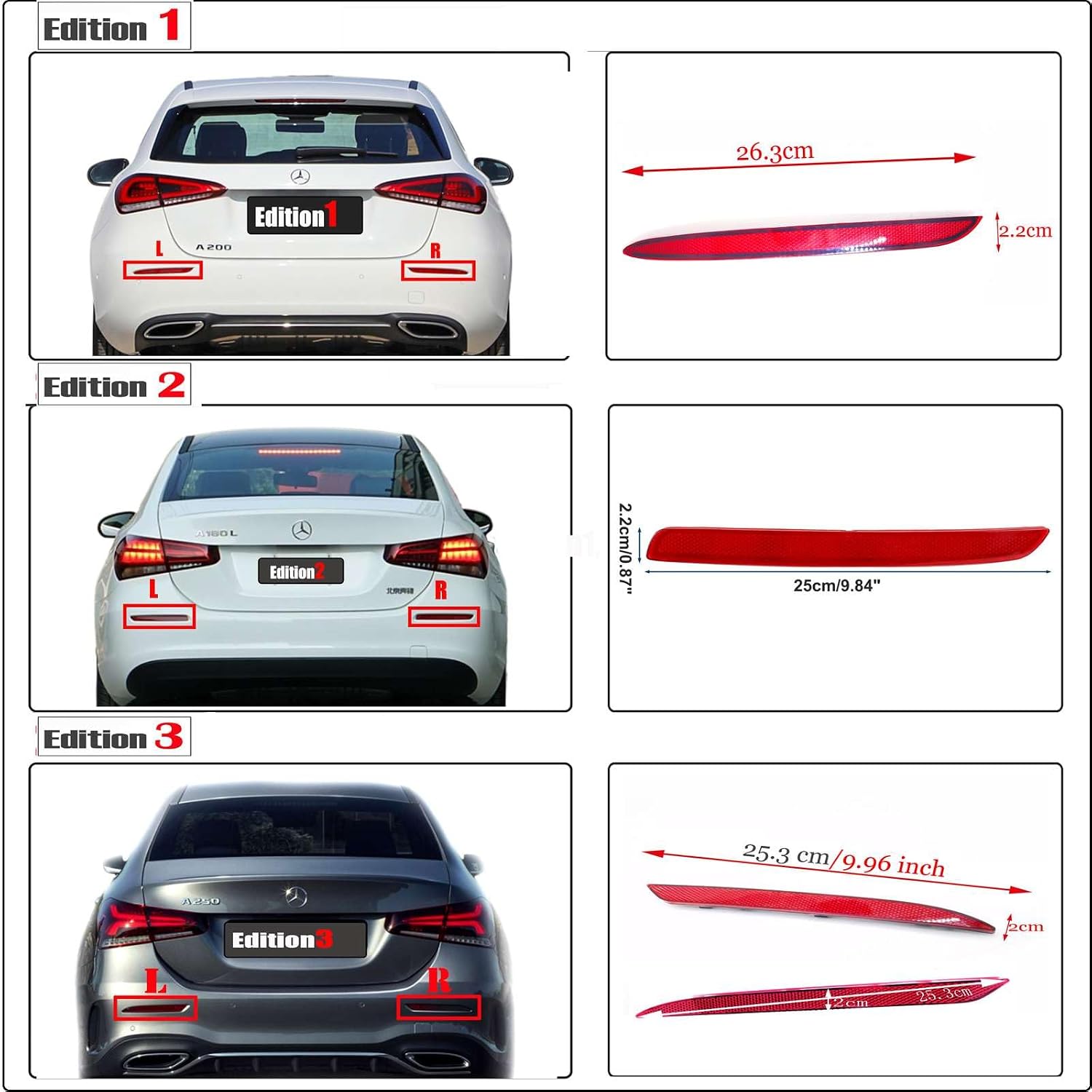 Pair 2Pcs Rear Reflectors for 19-25 Mercedes Benz A Class W177 Fit A160 A180d A200d A220 A250 A35 2019 2020 2021 2022 2023 2024 2025 Bumper Left+Right edition3