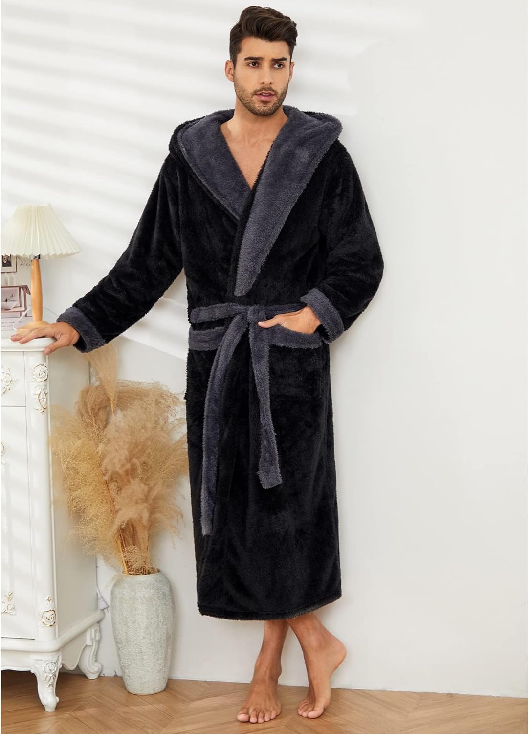 Vulcanodon Mens Robe Big and Tall with Hood, Full Length Plush Robe for Men Long Fleece Bathrobe - Image 4