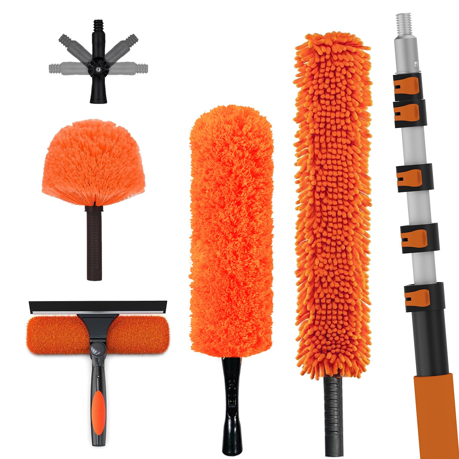 LAANPOLE Kit de Limpieza y Plumero de Gran Alcance 7,2m con Pértiga de Extensión, Herramienta para Limpiar Aspas de Ventilador de Techo, Kit de Limpieza de Cristales con Plumero