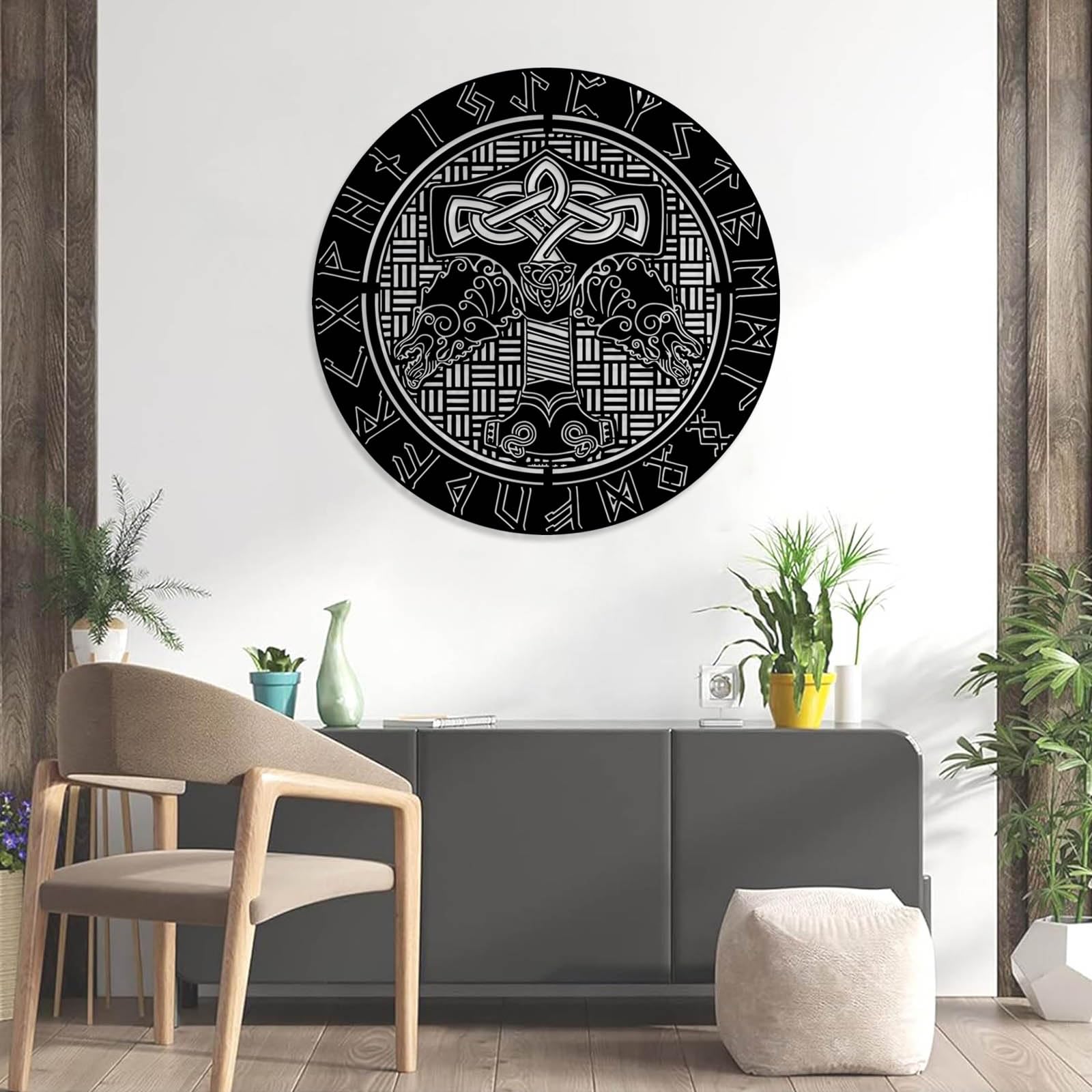 Décoration Murale Viking Nordique en métal Noir, Sculpture Celtique Mjolnir en métal, œuvre d'art Nordique Viking Moderne pour Salon, Couloir et escaliers (Argent 48 cm L x 48 cm l)