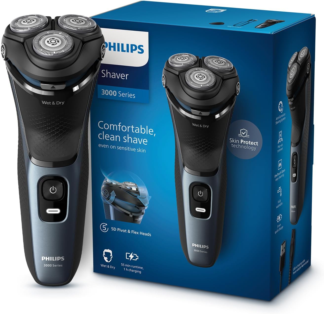 Electric Shaver For Men | Comfortable Clean Shave on Sensitive Skin | Skinprotect Technology | Wet And Dry | 5D Pivot & Flex Heads | Anti-Corrosion System | 5 Min Quick Charge | Pop-Up Trimmer | Waterproof | 2 Year Warranty | S3144/03 , Black
