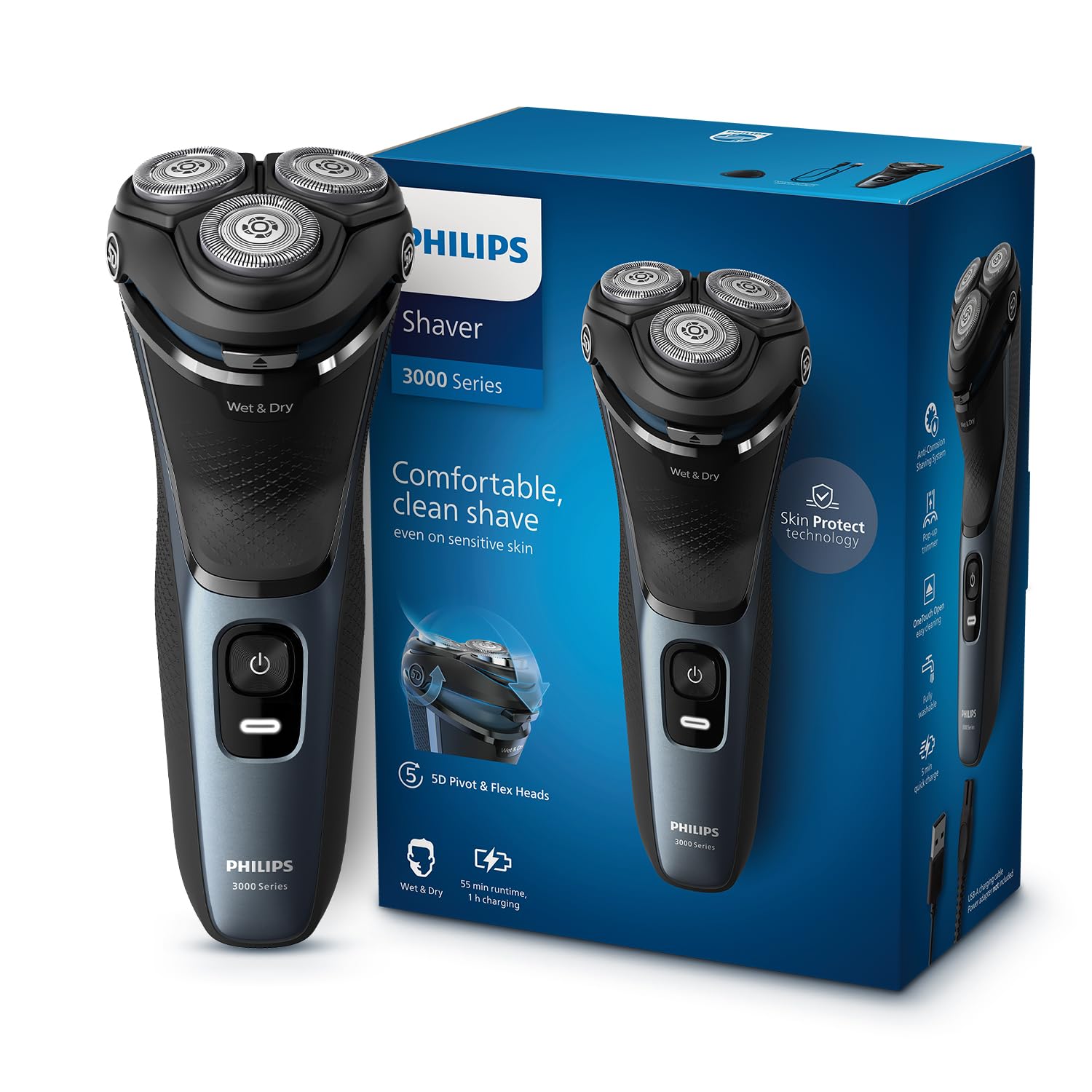Philips World's No.1 Electric Shaver for Man|5D SkinProtect Flex Heads|Trimmer Pop-out|27 Self-Sharpening ComfortCut Blades |5 min charge|100% Waterproof|50 Mins Runtime|2yr warranty|S3144/03