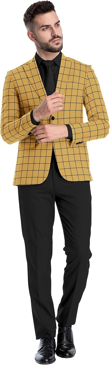 Men's Plaid Blazer Checked 2 Button Long Sleeve Regular Daily Fit Suit Jacket Business Lightweight Casual Sport Coat