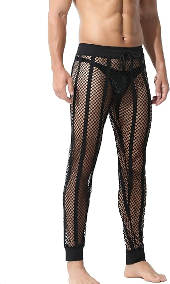 Mens Sexy Mesh See Through Long Pants Fishnet Hollow Out Drawstring Loose Pajamas Bottoms Underpants