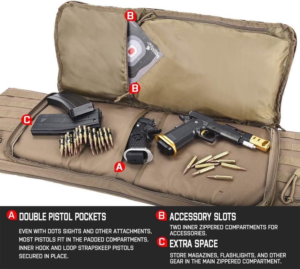 Lancer Rifle Case 600D Polyester Double Long Rifle Bag Tactical Gun Case Accessory Pouches Secondary Gun Compartment Lockable Compartment Inner Storage Backpack Straps for Hunting Shooting