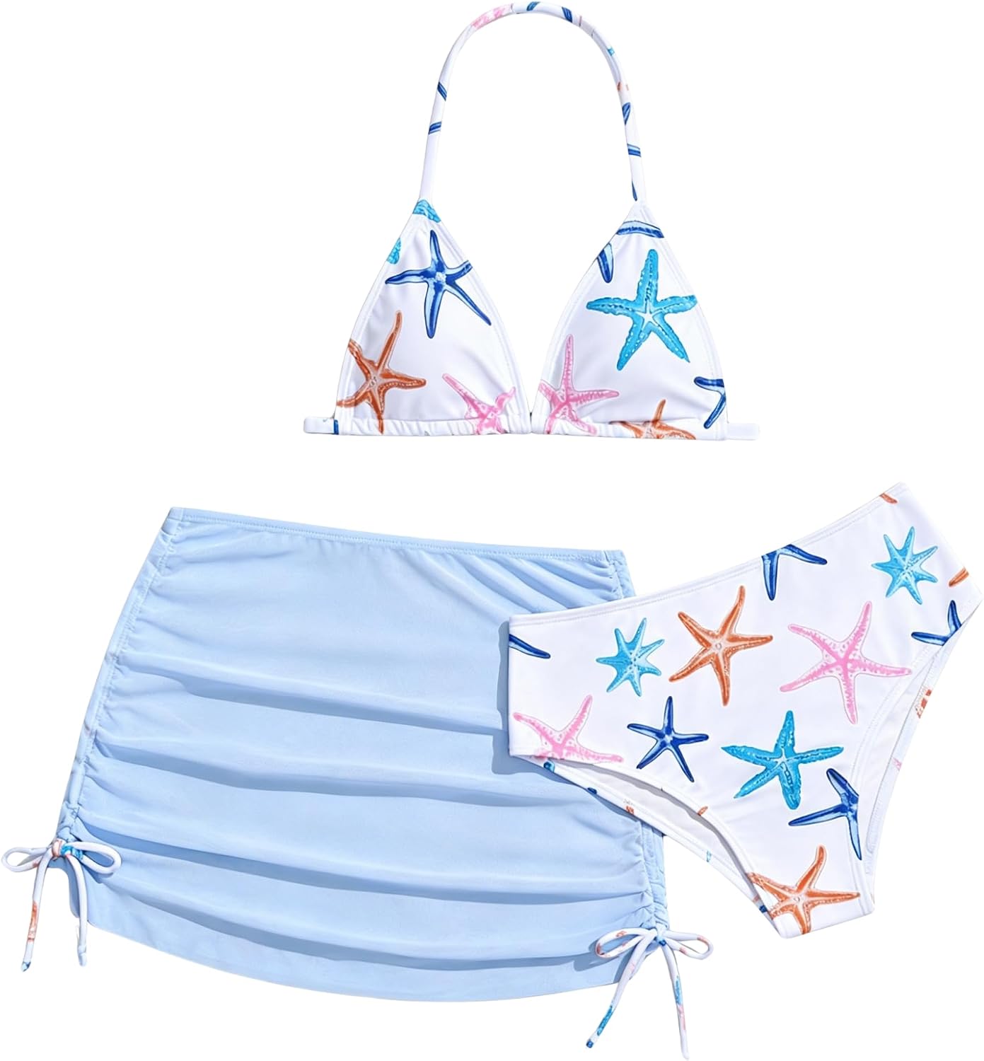 Girl's 3 Piece Swimsuits Cute Print High Waisted Bikini Bathing Suit with Mesh Coverups Skirt 7-14 Years
