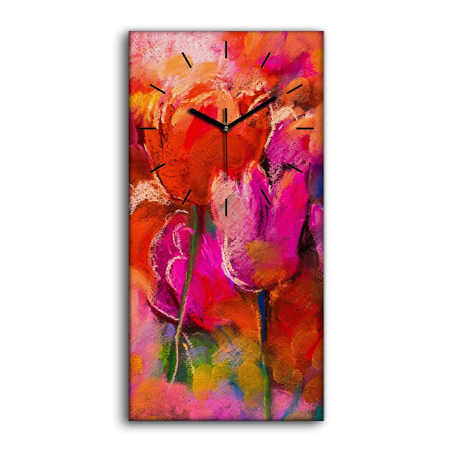 Horloge sur Toile Fleurs Modernes Tulipes Décoration Silencieuse 30x60cm