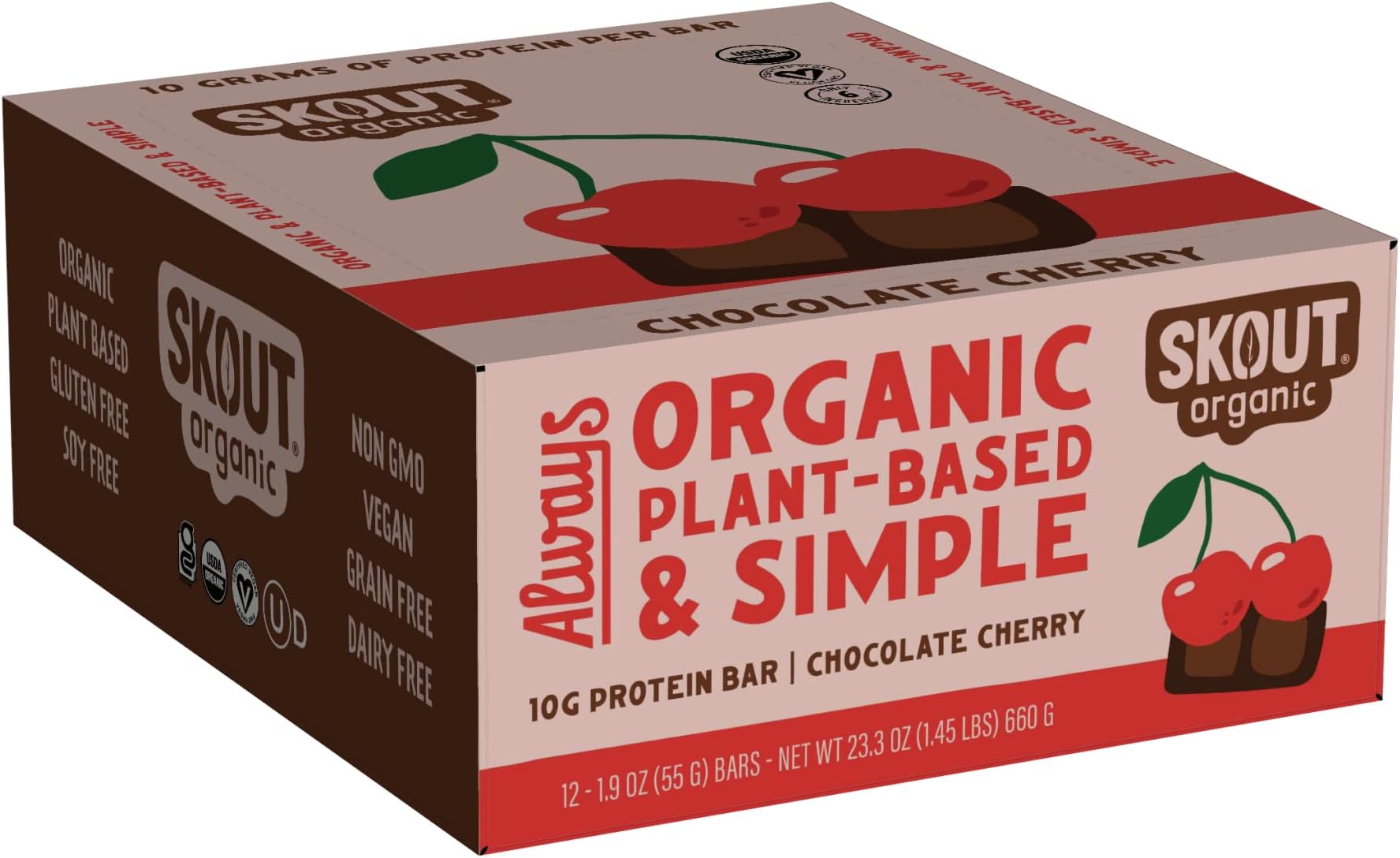 Skout Organic Plant-Based Protein Bars Chocolate Cherry (12 Pack) – 10g Protein – Vegan Protein Bars – Only 6 Ingredients – Easy Snack – Gluten, Dairy & Soy Free