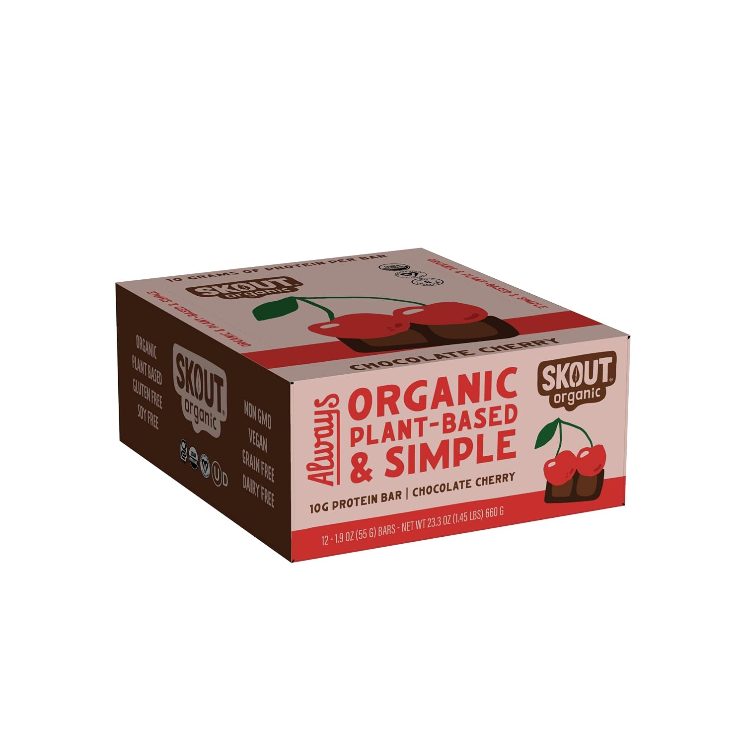 Skout Organic Plant-Based Protein Bars Chocolate Cherry (12 Pack) – 10g Protein – Vegan Protein Bars – Only 6 Ingredients – Easy Snack – Gluten, Dairy & Soy Free