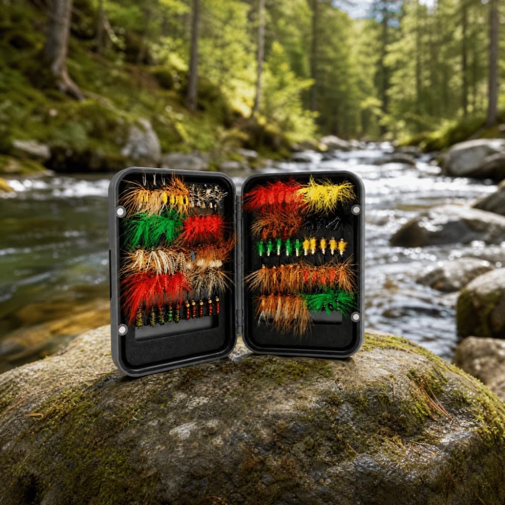 100PCS Fly Fishing Flies Kit, Dry Wet Fly Assortment with Storage Box for Trout, Bass, Salmon, Streamers, Lures, Bait and Freshwater Fly Fishing Use