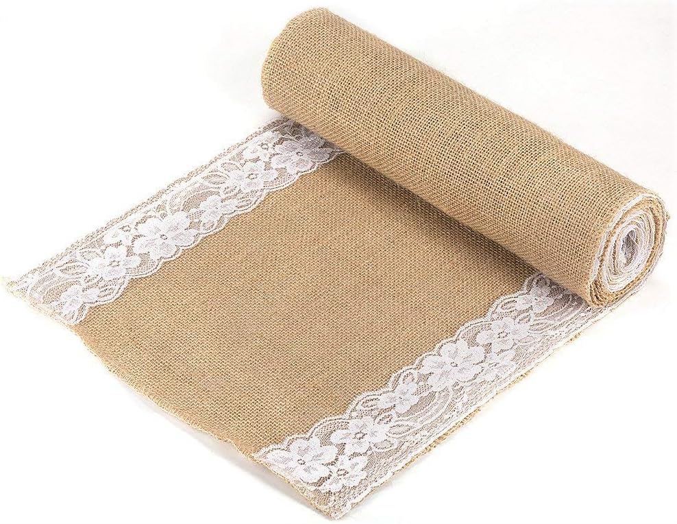 Tebery 2 Pack Lace Natural Jute Burlap Hessian Table Runner, Country Outdoor Wedding Party and Farmhouse Decoration-12 x 108"
