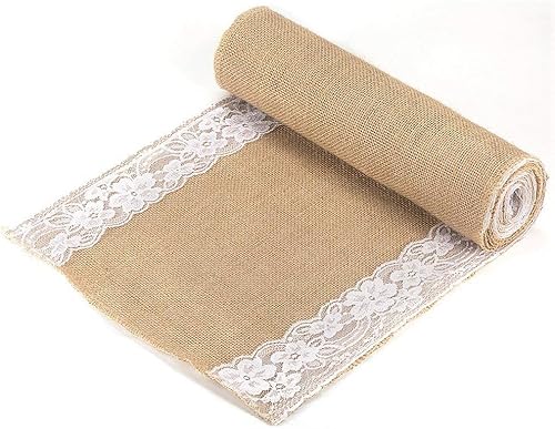 Miniatura 2 de Tebery - Juego de 2 caminos de mesa de arpillera de yute natural con encaje decoración para fiestas de bodas y casas de campo 120 x 1079in