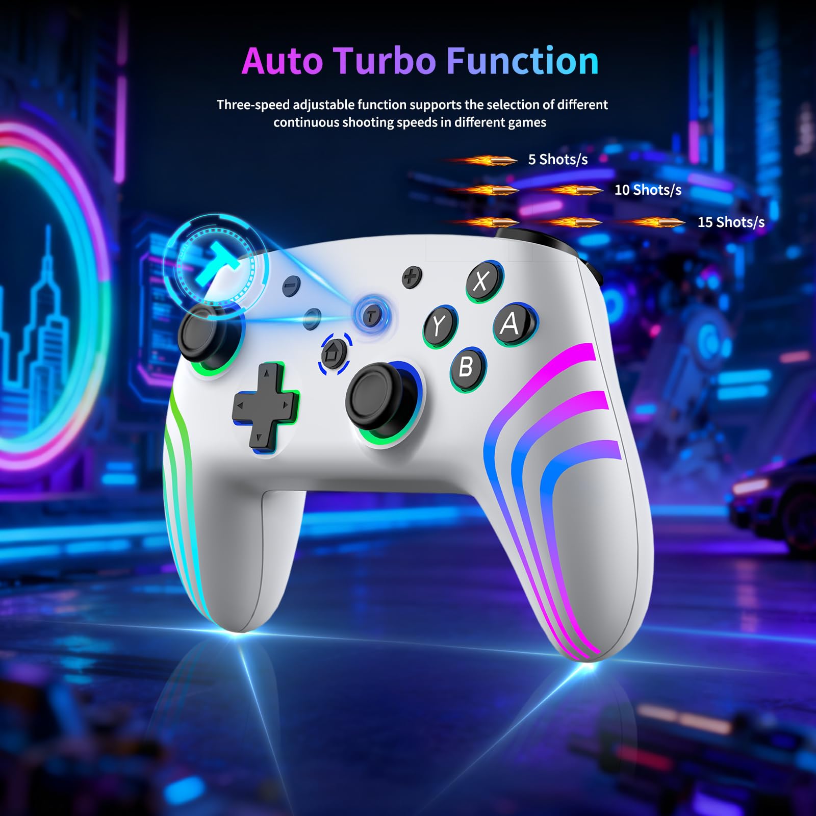Riscvma 2pcs Controller per Switch/Switch 2/Lite/OLED/PC, Controller per Nintendo Switch con RGB 7 Colori Cambiabili/Vibrazione Duale/Giroscopio 6 Assi/Turbo, Ergonomico e Joystick, Nero+Bianco
