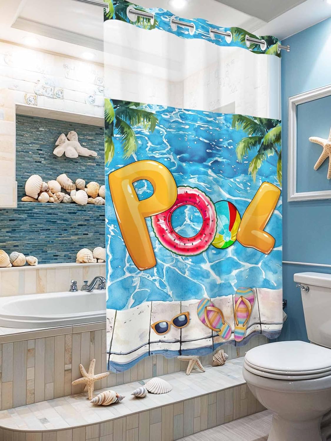 No Hooks Shower Curtain and Snap-in Liner Sets 36"x72",Summer Vacation Swimming Pool Waterproof Fabric Bath Curtain Double Layers Shower Curtains for Bathroom Hotel,Sunglasses Slippers Palm Tree