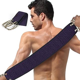 URAQT Gommage du dos pour la douche, Sangle De Bain, Gant de toilette exfoliant double face avec poignées, Dos Épurateur Exfoliant Organique Massage pour homme et femme (Violet Foncé)