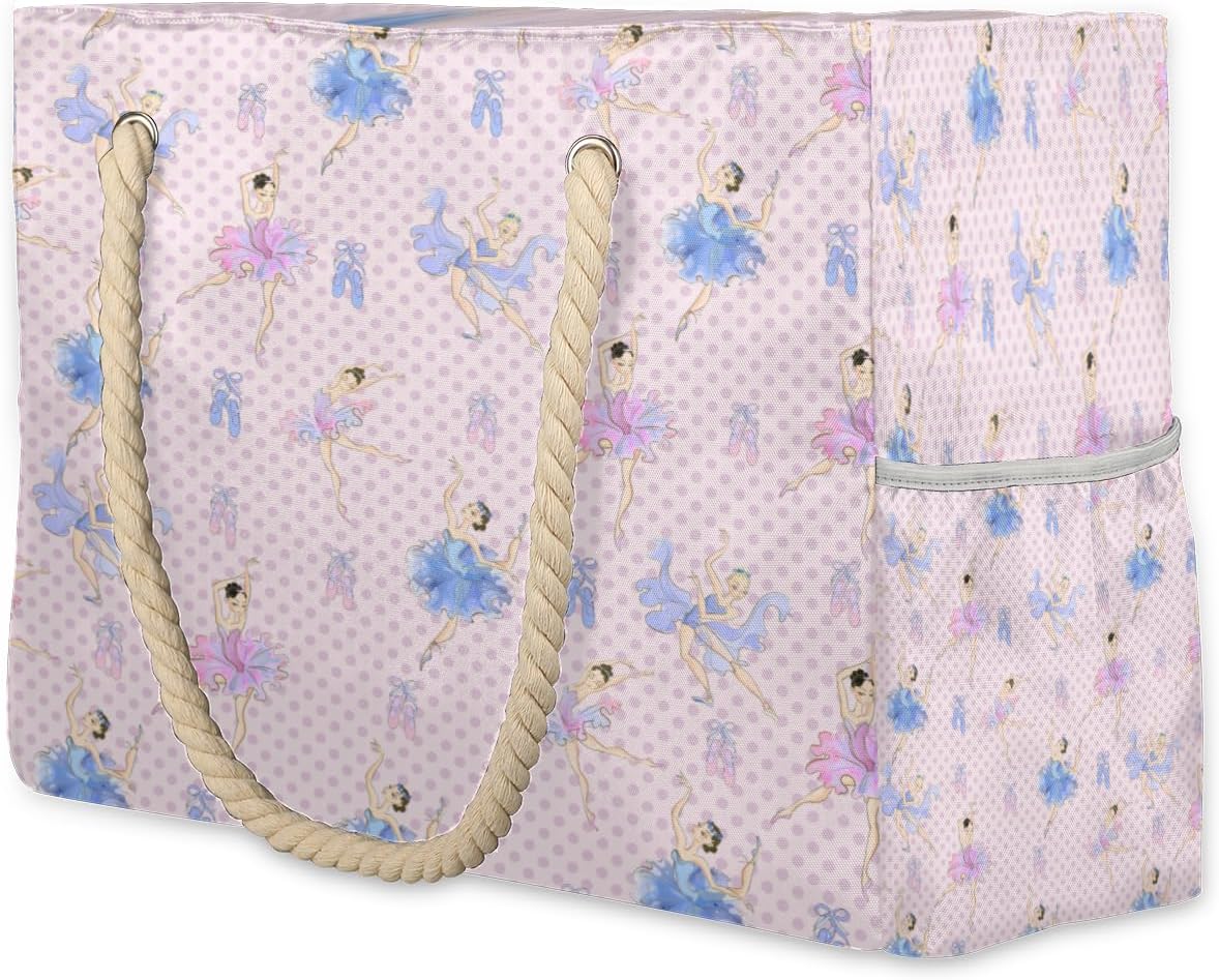 Polka Dot Ballet Beach Bag for Women Waterproof Sandproof Tote with Zipper Cotton Rope Handles for Travel Pool Gym Shopping