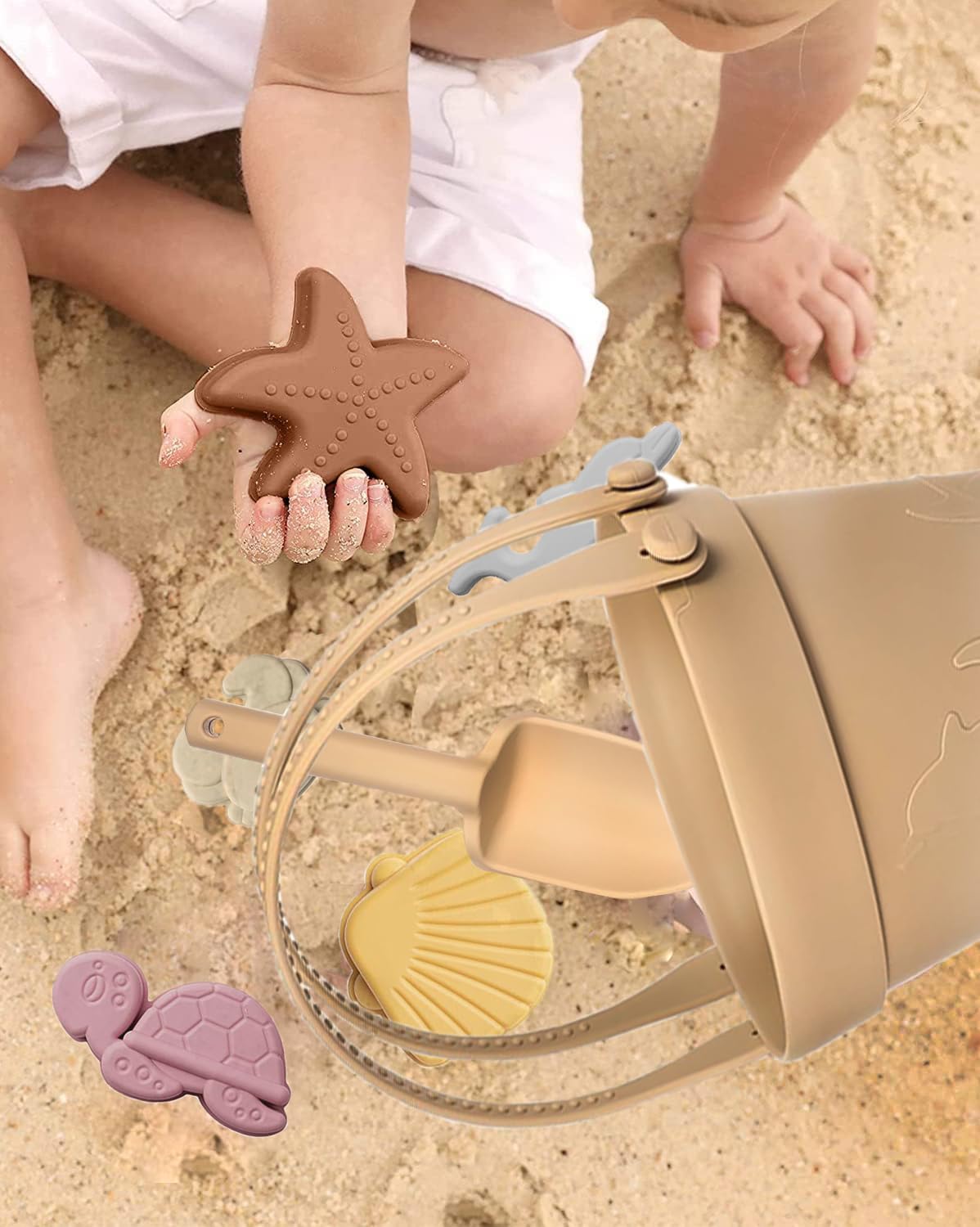 Lot de 6 jouets de plage en silicone pour garçons et filles, jouets de sable, seau et pelle – Ne se cassent pas comme les jouets de plage en plastique – Seau de plage pliable, pelle et