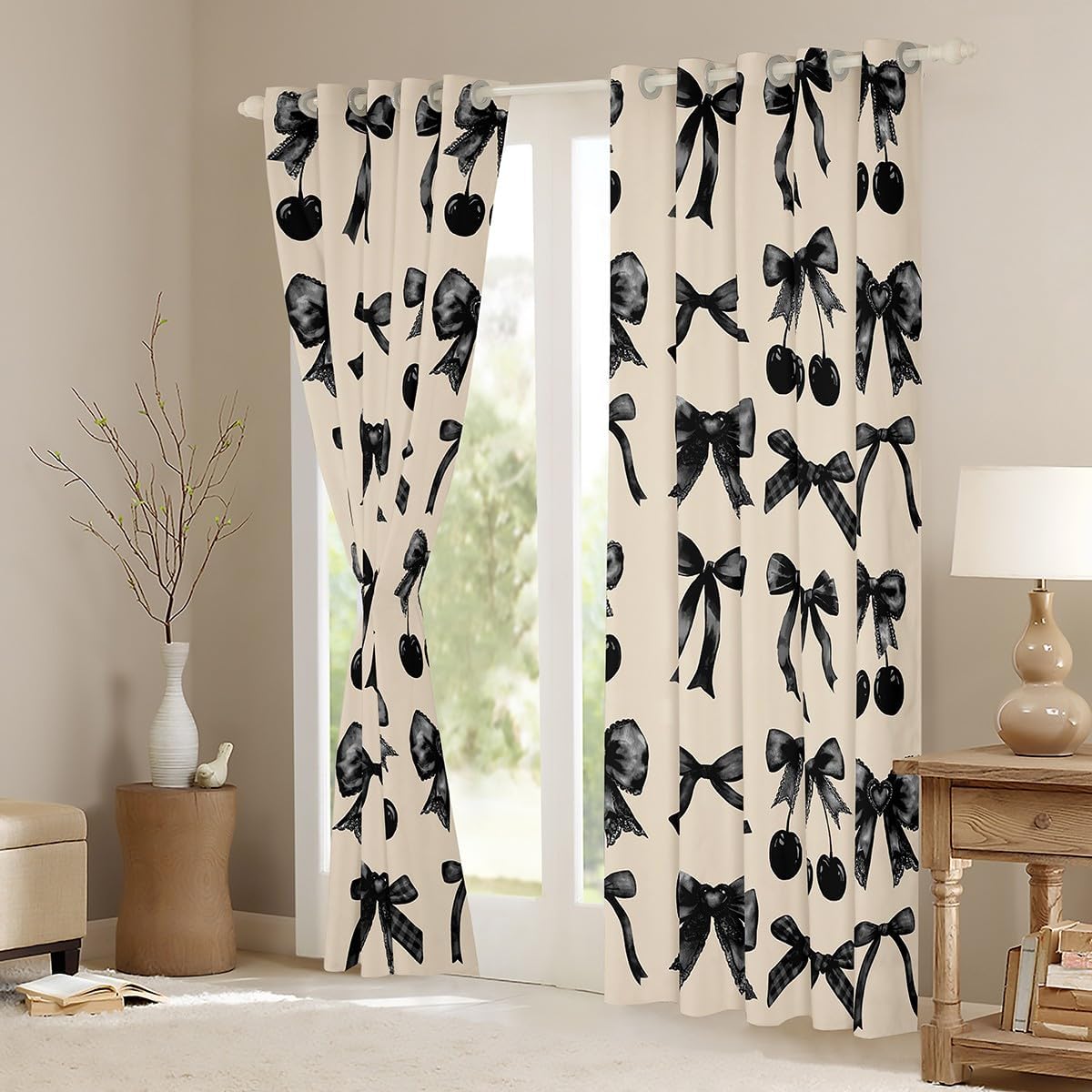 Erosebridal Black Cherry Bow Blackout Curtains for Bedroom,Cute Silk Ribbon Bowknot Window Curtains 2 Panel Sets 38" Wx45 L,Princess Bow Tie Dreamy Kawaii Window Treatments Drapes,Princess Room Decor