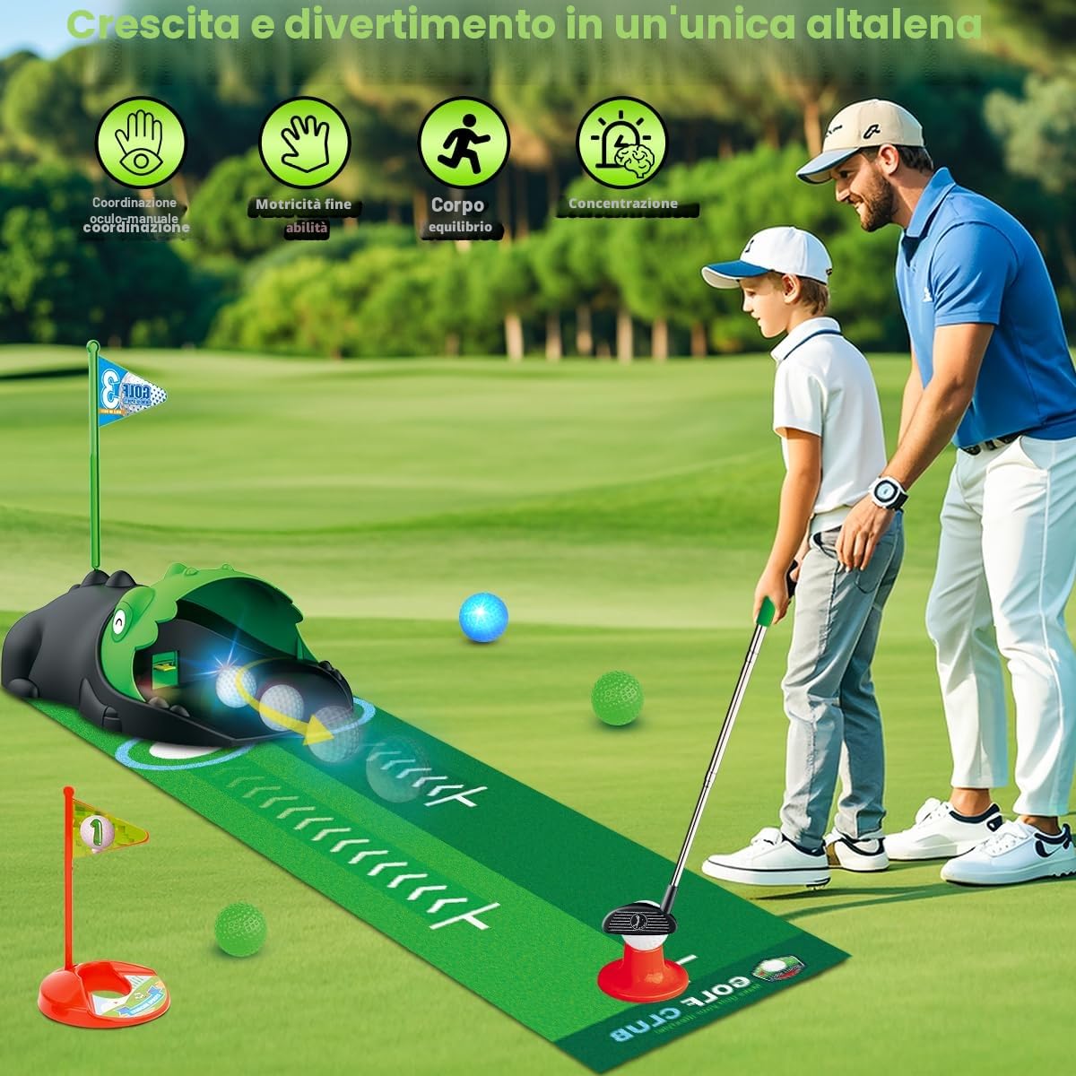 Giocattolo da Golf per Bambini Aggiornato con Raccoglitore Automatico, Palline da Golf Luminescenti a LED,Mazze, Tappetino da Putting,Mini Golf per 3-8 Anni, Giochi Sportivi per Ragazzi e Ragazze 3+