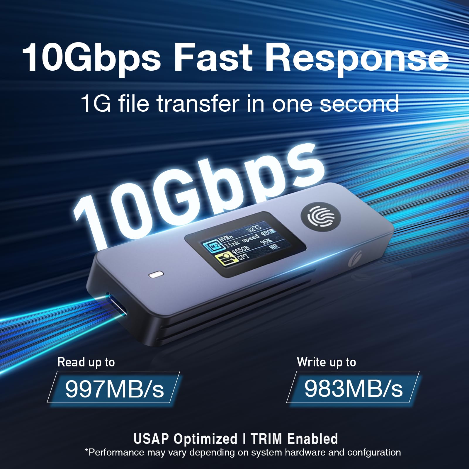 VCOM Boîtier SSD à cryptage d'empreintes digitales avec écran LCD, 10 Gbps USB 3.2 Gen2 Boîtier SSD M.2 NVMe SATA Adaptateur, Adaptateur Disque Dur Externe Aluminium pour M-Key (B+M) 2230/2242/2280