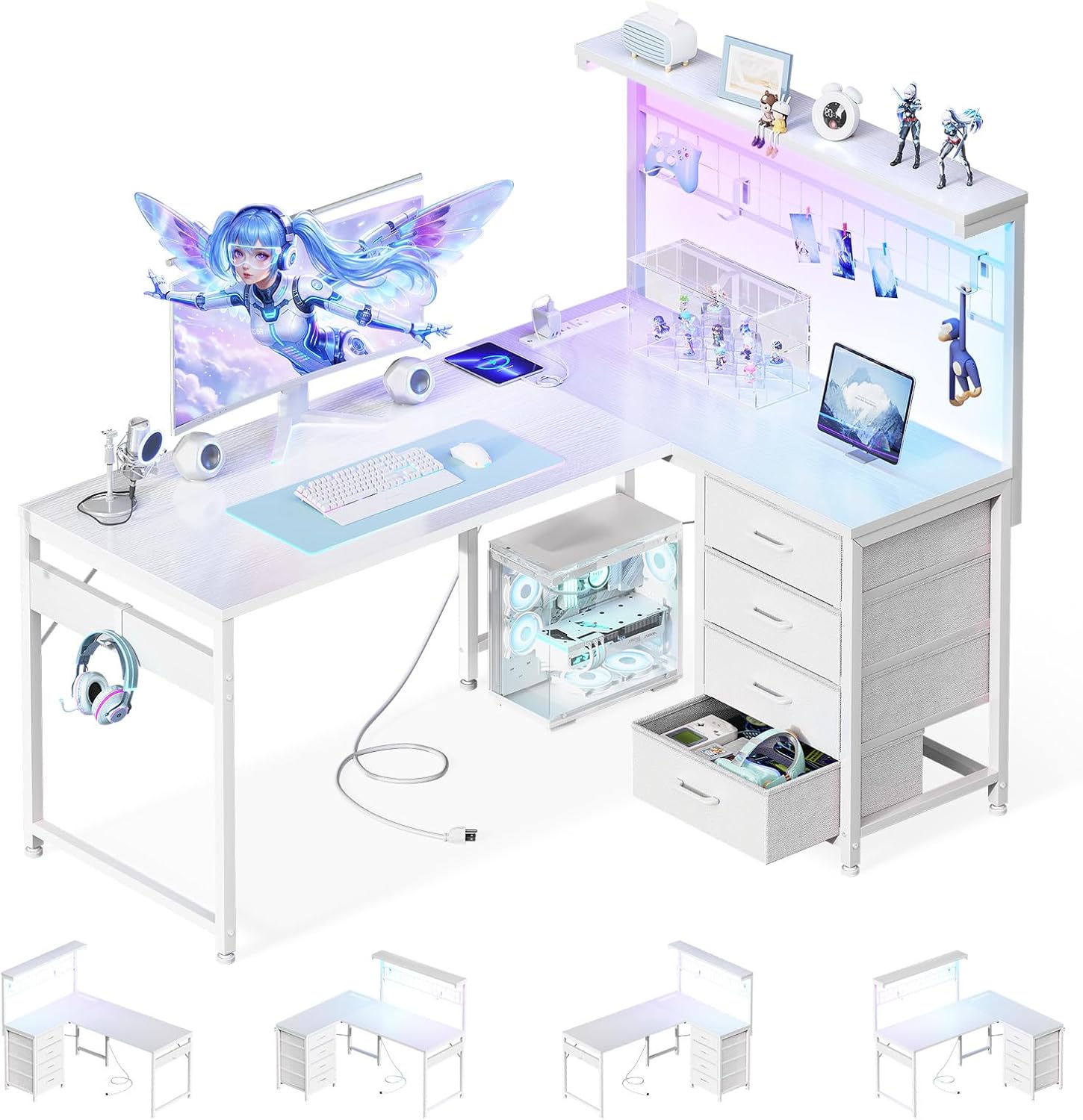 MOTPK 43” L Shaped Gaming Desk for Small Rooms, Compact Corner Computer Table with Shelf & Hutch, 4 Drawers, Reversible Study Table with LED Light, Power Outlets & USB Ports, Home Office Table, White