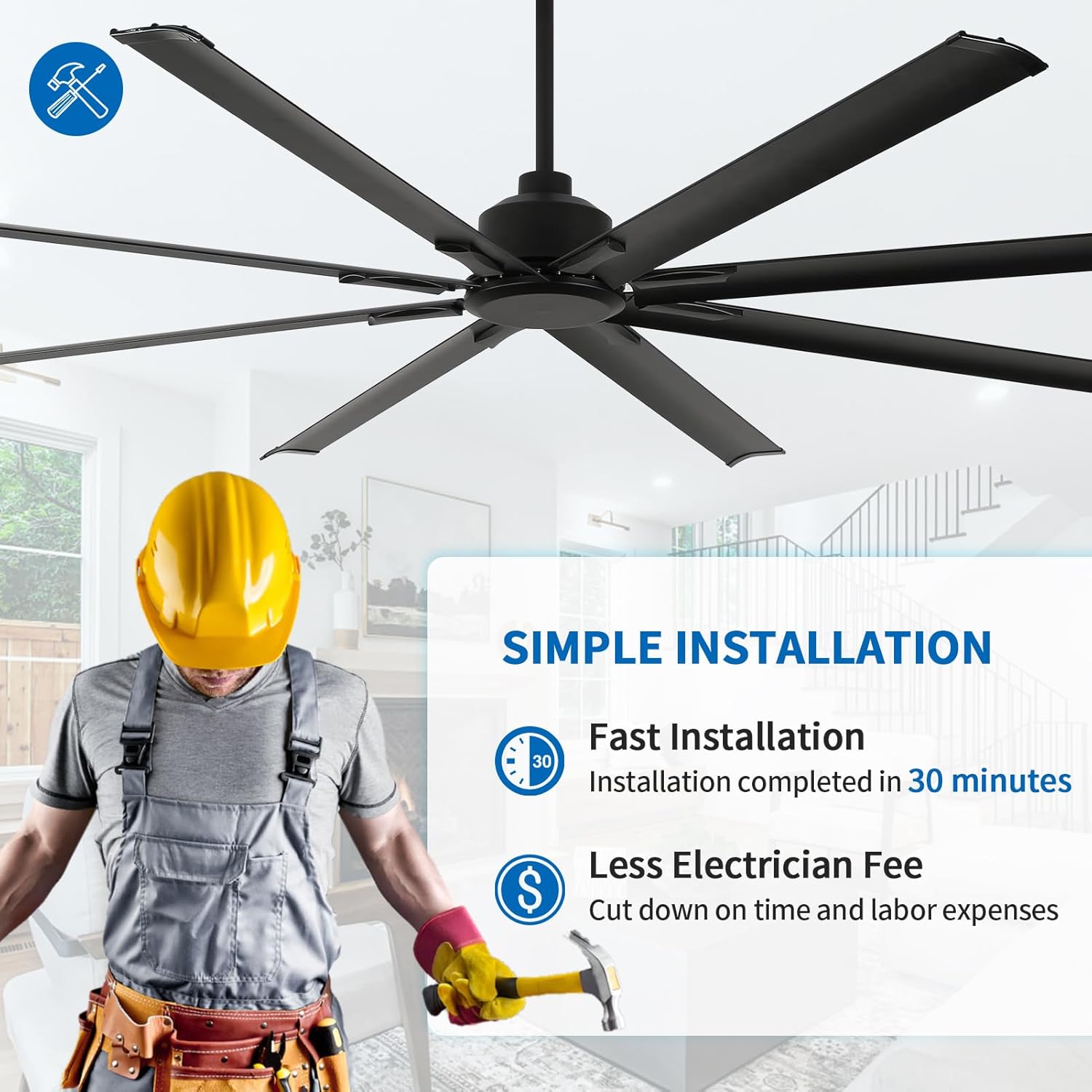 84 Inch Industrial Ceiling Fans without Lights，Large Ceiling Fan with 8 Reversible Aluminum Blades, 6-Speed Remote Control, Home or Commercial Ceiling Fan for Porch，Garage，Shop
