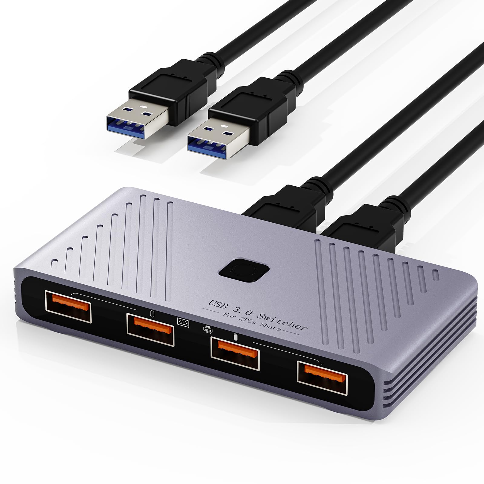 USB 3.0 Switch, 2 Computer Sharing 4 USB-Geräte, Ein-Knopf-Schalter für Tastatur, Maus, Drucker, Scanner, USB-Peripherie-Sharing-Hub für PC, Laptop mit 2 USB-3.0-Kabeln, Gehäuse aus Aluminiumlegierung