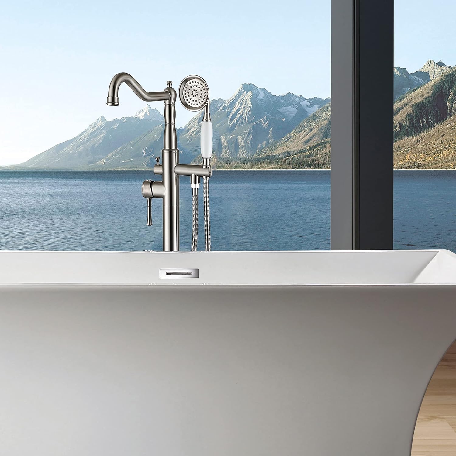 Brushed Nickel Tub Filler Faucet with Hand Shower | Modern Bathroom Fixture for Freestanding Tubs