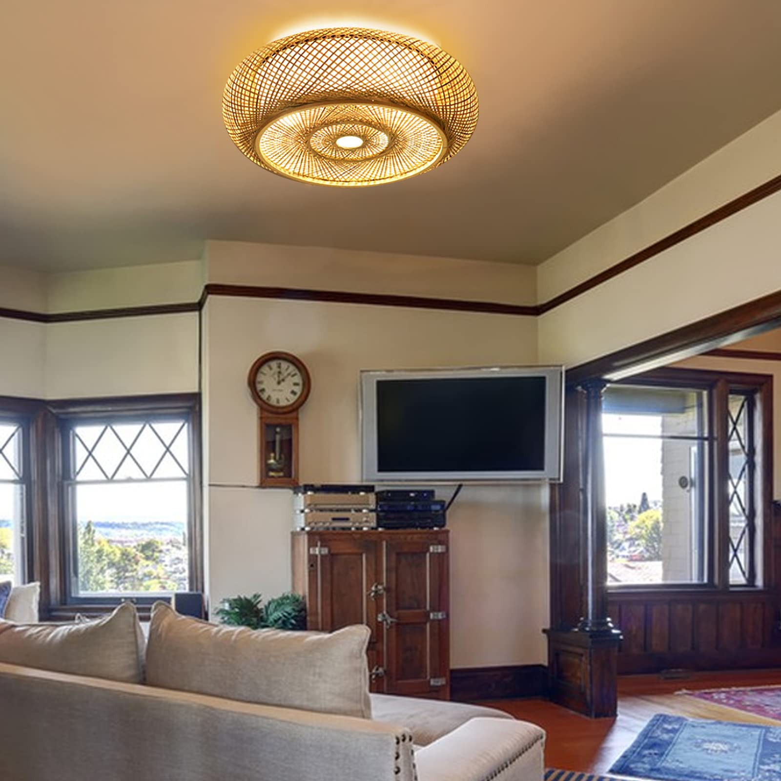 16"Vintage Woven Bamboo Ceiling Lights Rattan Flush Mount Ceiling Light ...