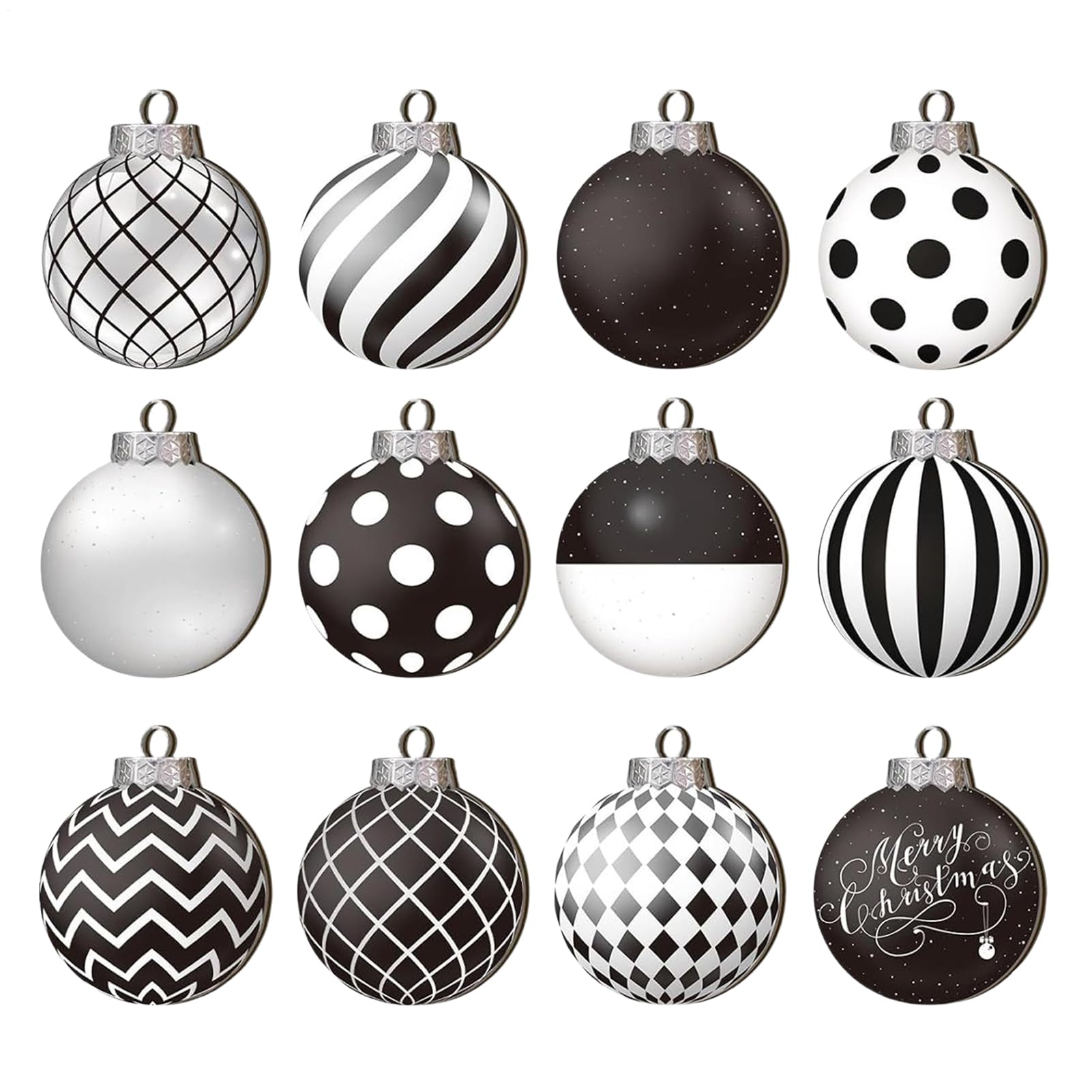 12 Pieces Christmas Baubles Wooden Christmas Tree Hanging Plates Ornaments 2D Shatterproof Black White Baubles Decorations Winter Holiday Party Home