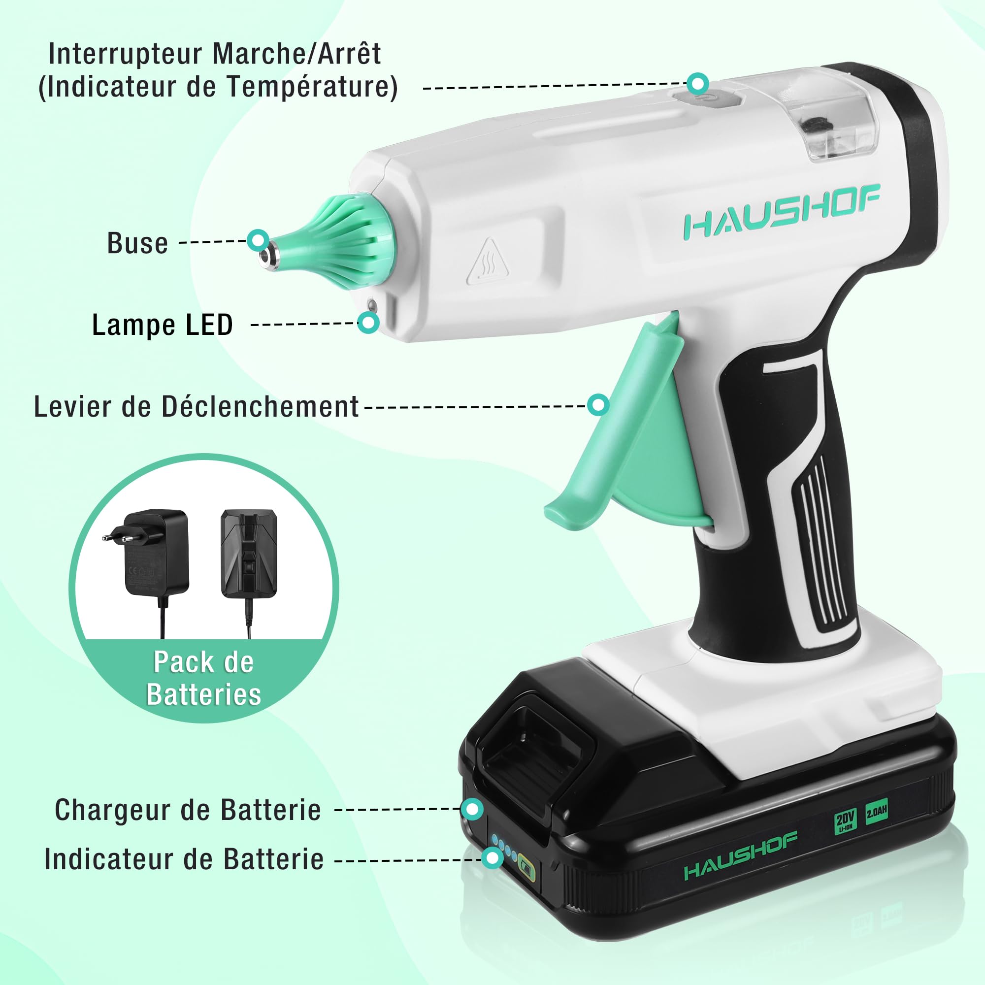 HAUSHOF Pistolet à Colle Chaude Sans Fil 20 V avec Batterie et Chargeur | 20 Bâtons de Colle 11×150 mm, Arrêt Automatique, Chauffage Rapide pour Bricolage, Artisanat et Réparations Rapides