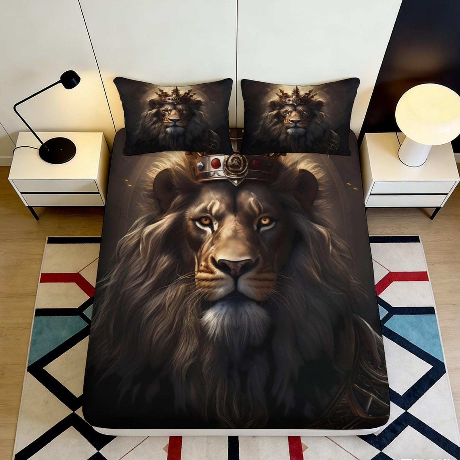 3D Printed Majestic Lion Fitted Sheet Microfiber Soft Breathable King Crown Bed Cover for Bedroom Dorm Mattress Protector 90x200x25cm