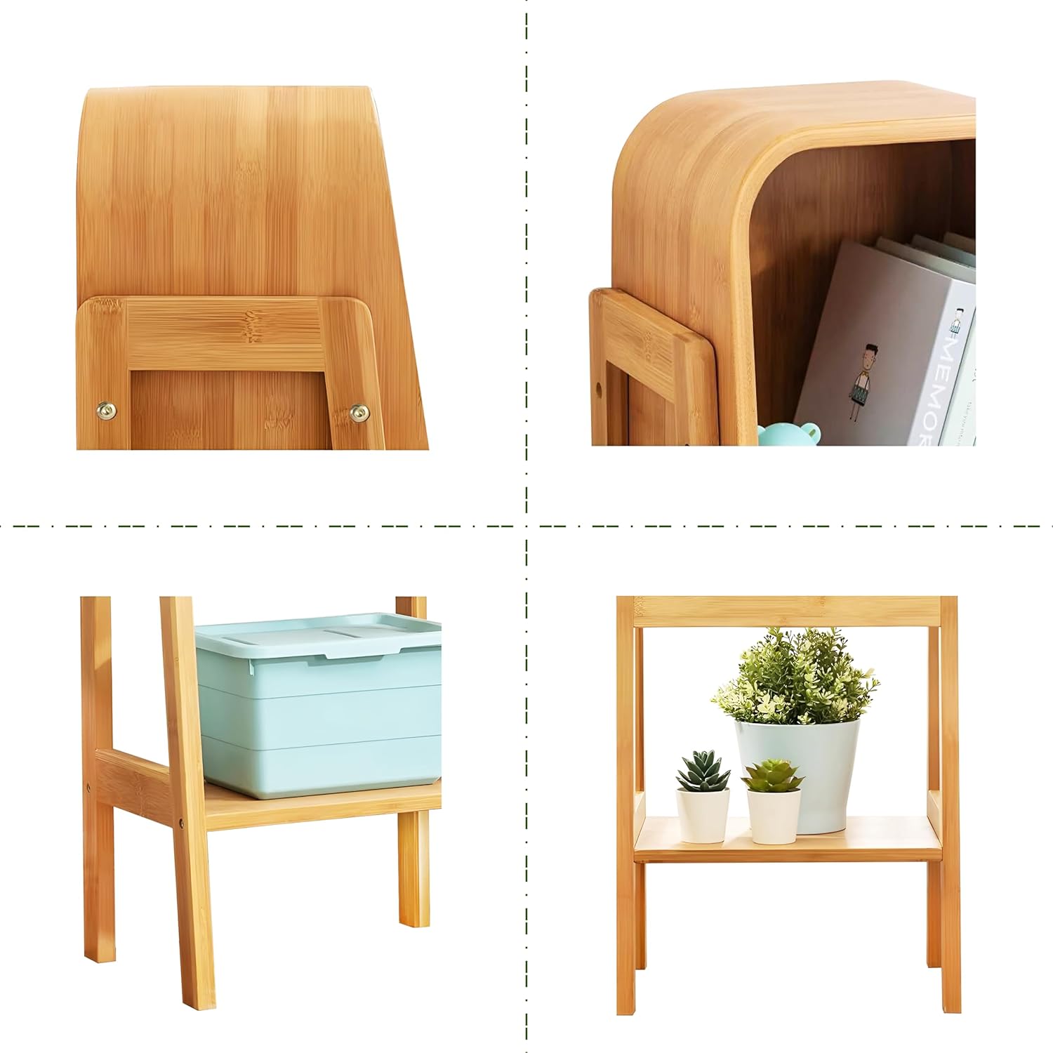 Bamboo Stackable DIY Bookshelf, Book Storage Cabinets Stand Modern Rack Bamboo Shelf Nightstands Set with Open Storage Compartment, Creative Rounded Edges Bedside Table for Bedroom Living Room, 2-Tier