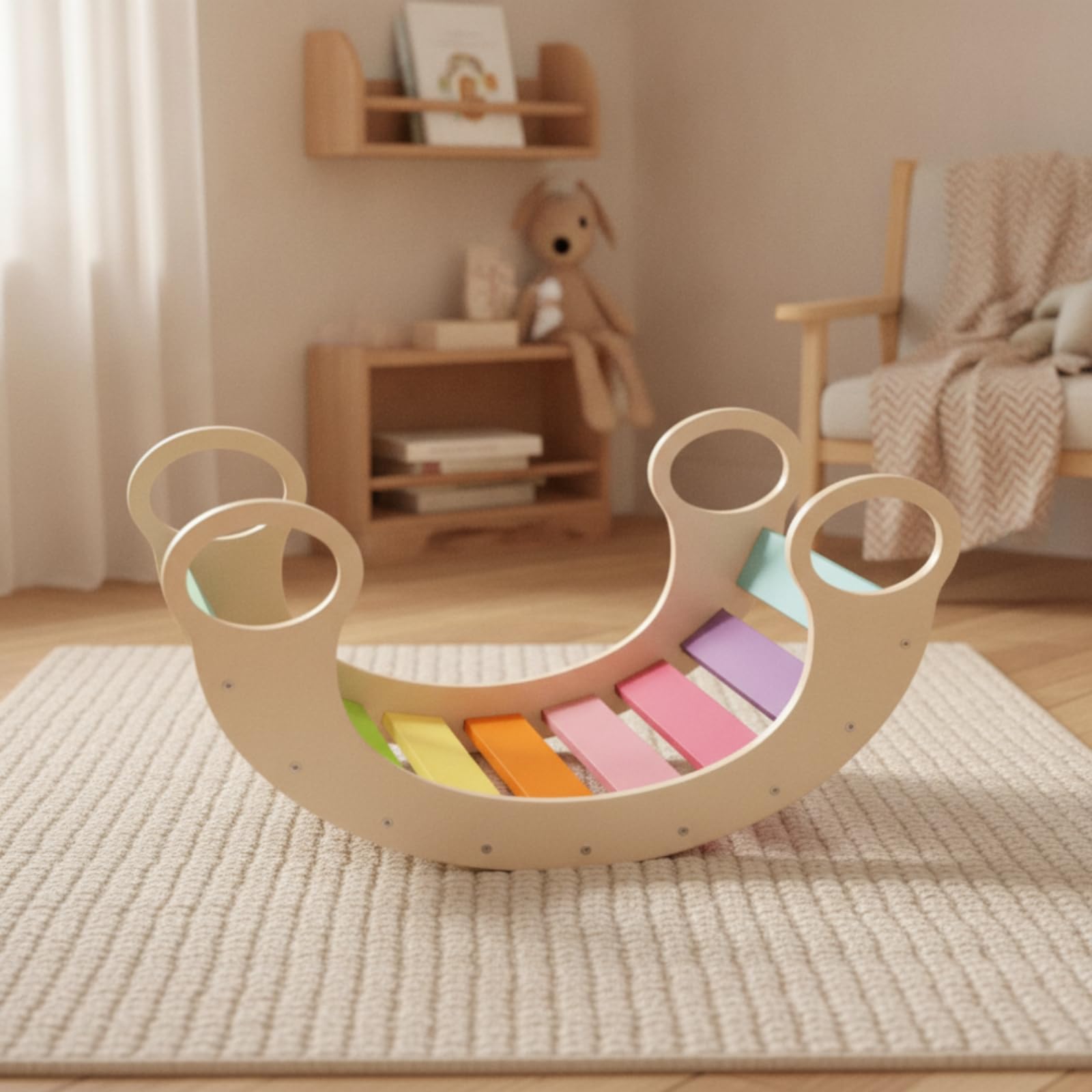 Children Balance Tavola Equilibrio Arco Arrampicata Dondolo Bambini Legno con Superficie a Doghe Facilita Presa E Scalata Sviluppo Motricità
