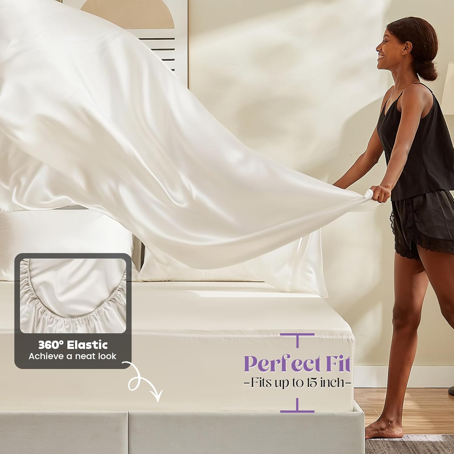 Silver Infused Bed Sheets Set, Cooling Eucalyptus Sheets, 3X Freshness Sleep and Odors Free for Hot Sleepers, Softer Breathable Than Silk Sheets (White, Queen, No Flat Sheet) - Image 4